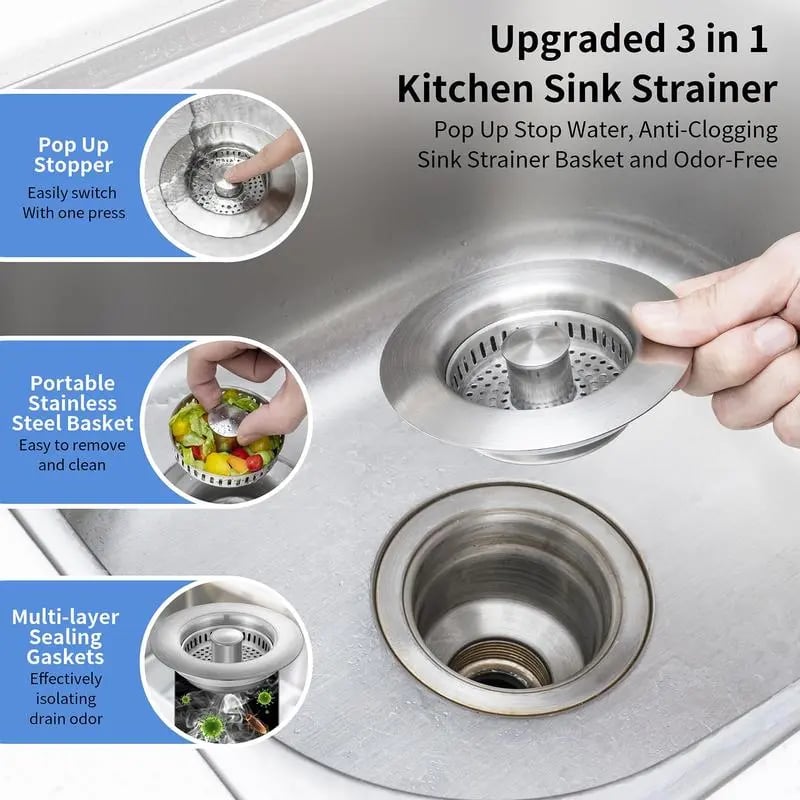 🔥3 in 1 Kitchen Sink Drain Strainer Kitchen Gadgets