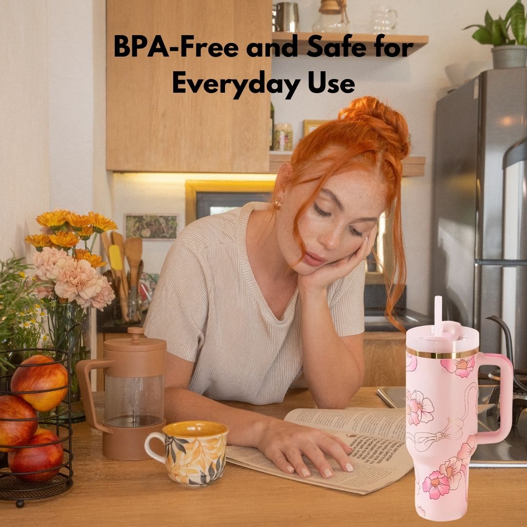 Floral Pattern Insulated Tumbler With Handle And Straw