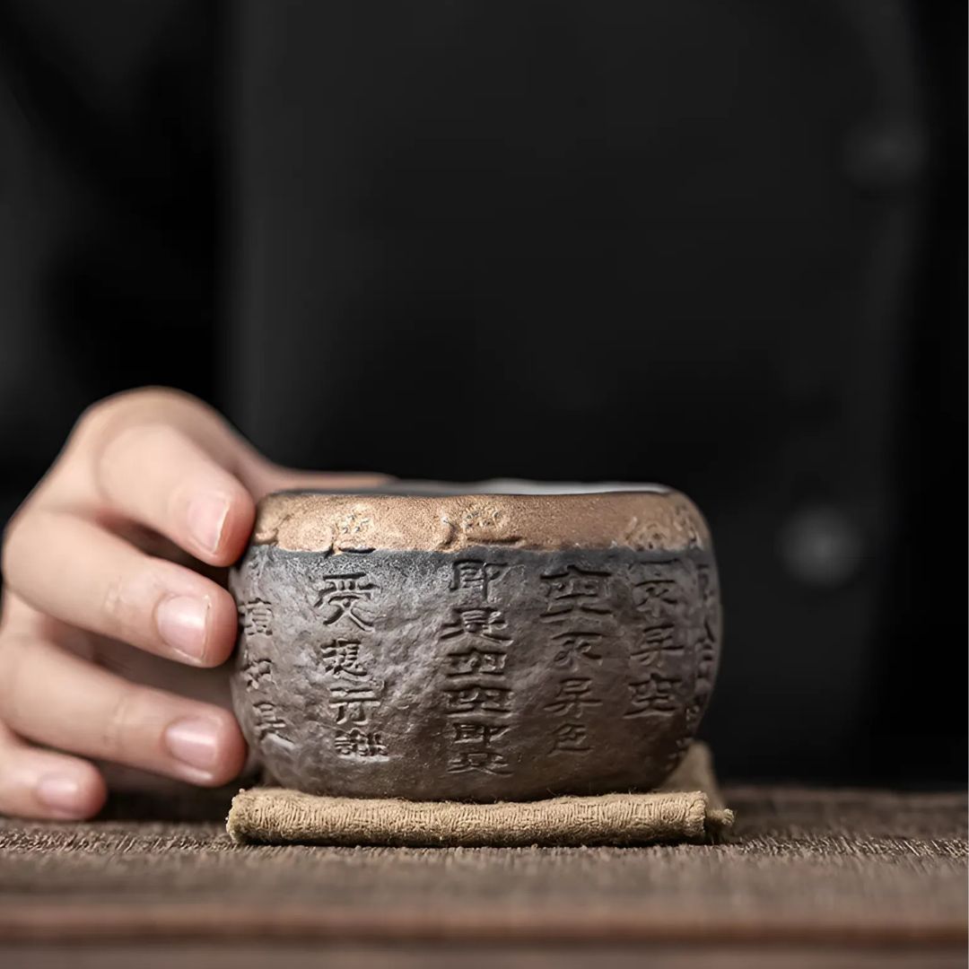 Rough Pottery Handmade Relief Heart Sutra Zen Cup