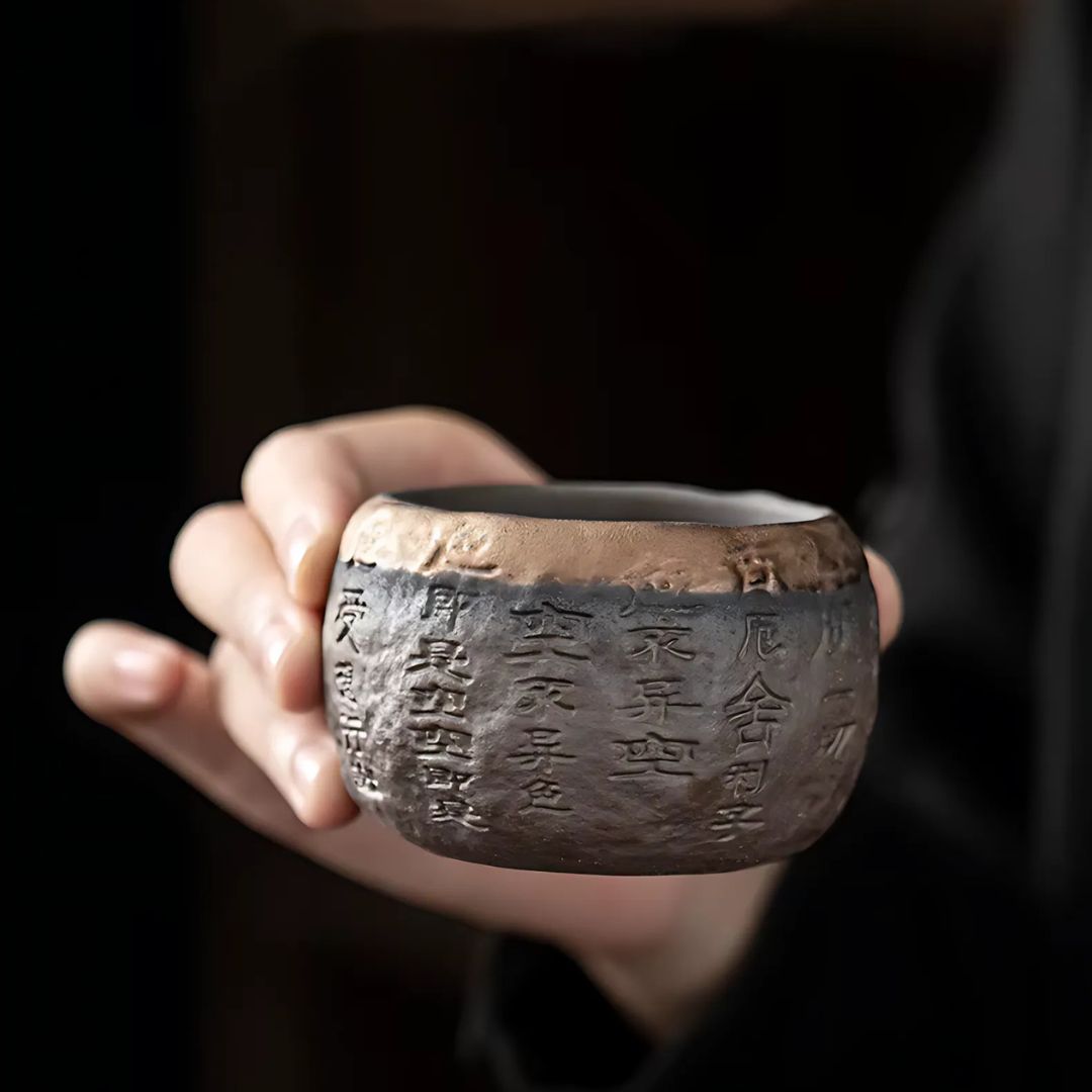 Rough Pottery Handmade Relief Heart Sutra Zen Cup
