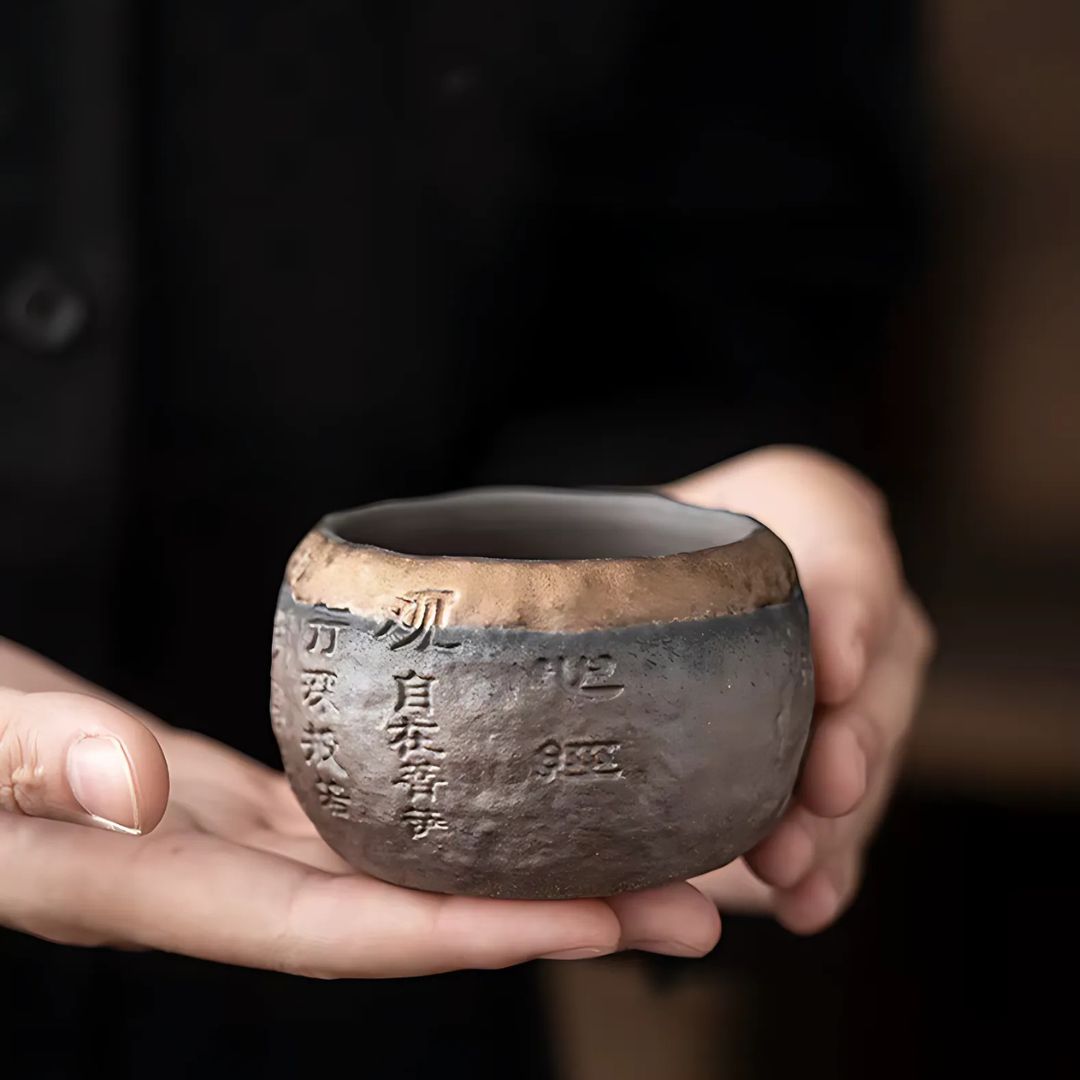 Rough Pottery Handmade Relief Heart Sutra Zen Cup