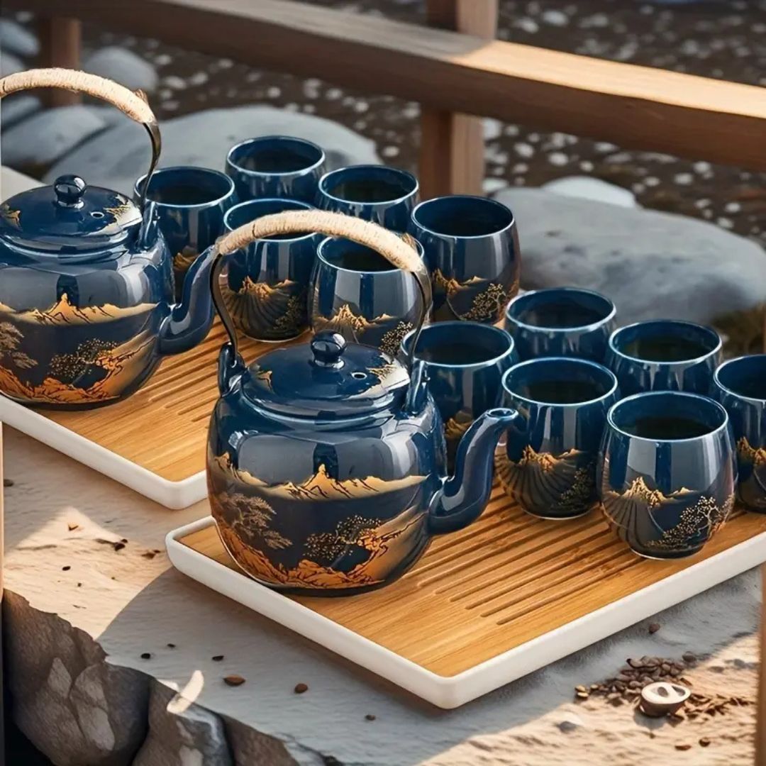 Japanese Blue Landscape Tea Set With Tray