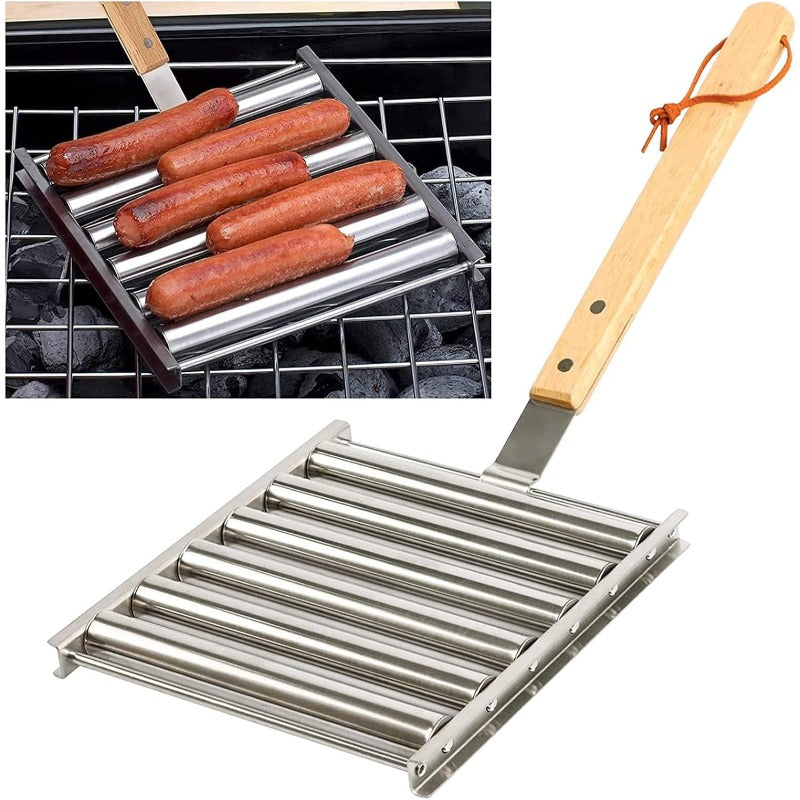 Rotating Hot Dog Grill Rack with Detachable Wood Handle