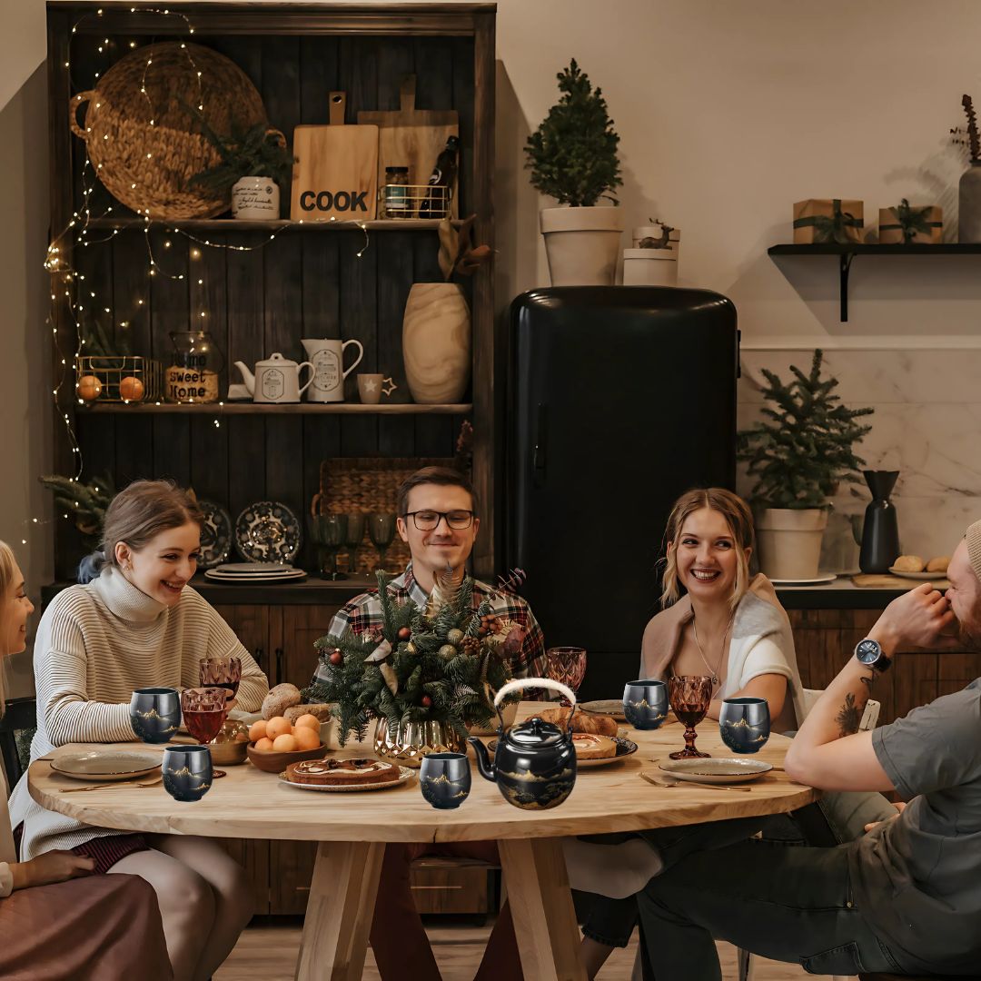 Japanese Blue Landscape Tea Set With Tray