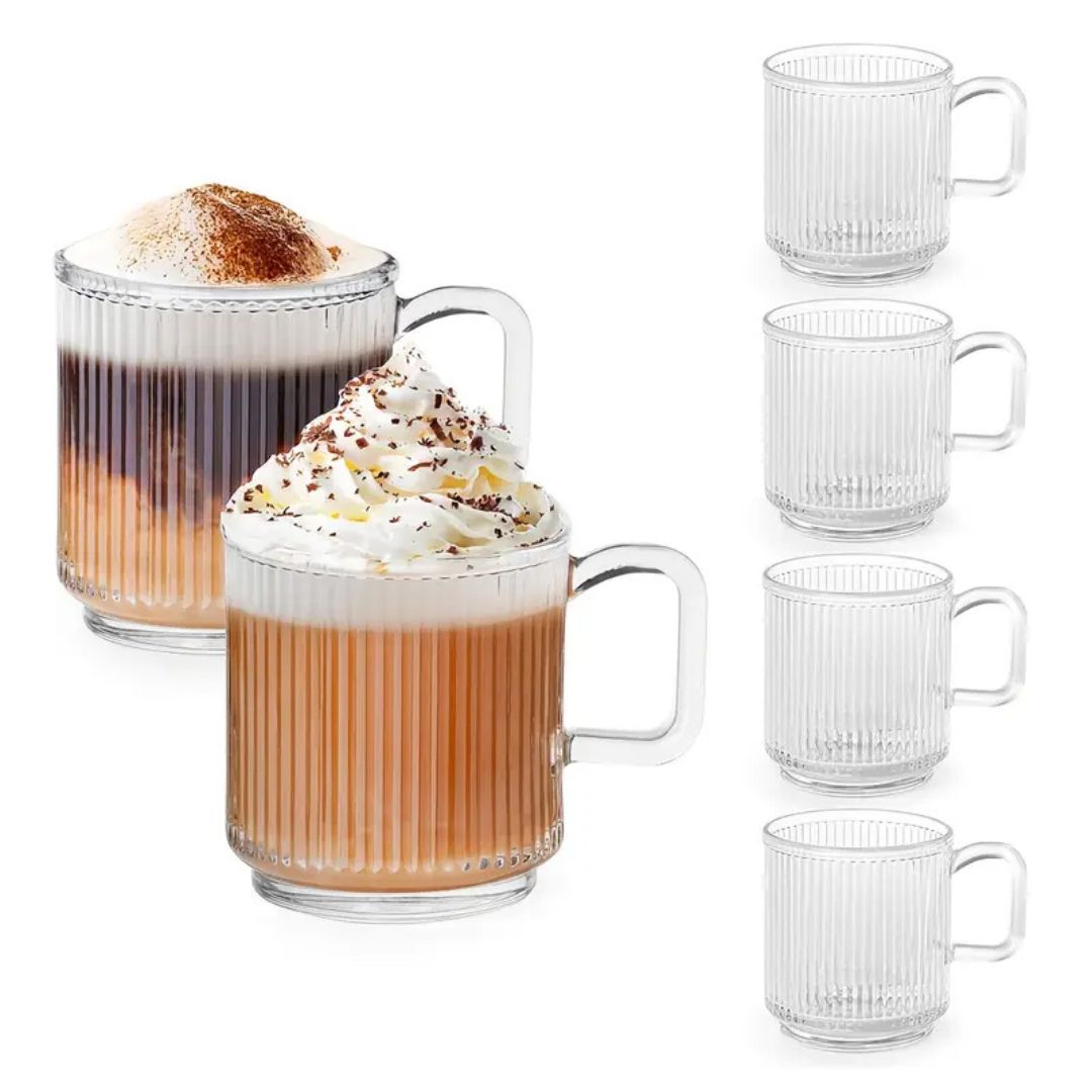 6 PACK Premium Glass Coffee Mugs with Handle
