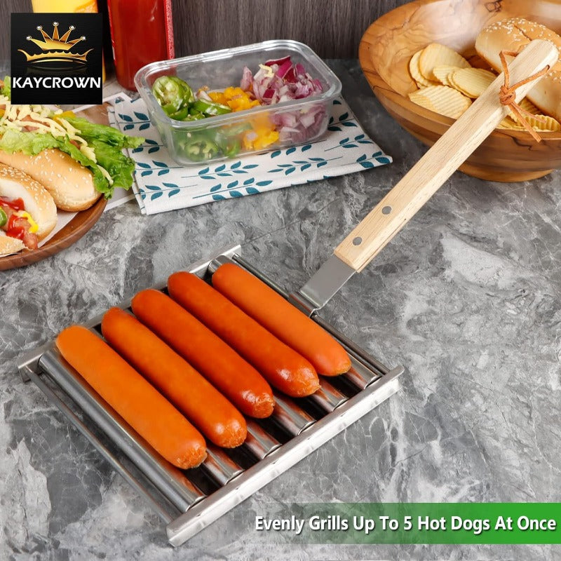 Rotating Hot Dog Grill Rack with Detachable Wood Handle