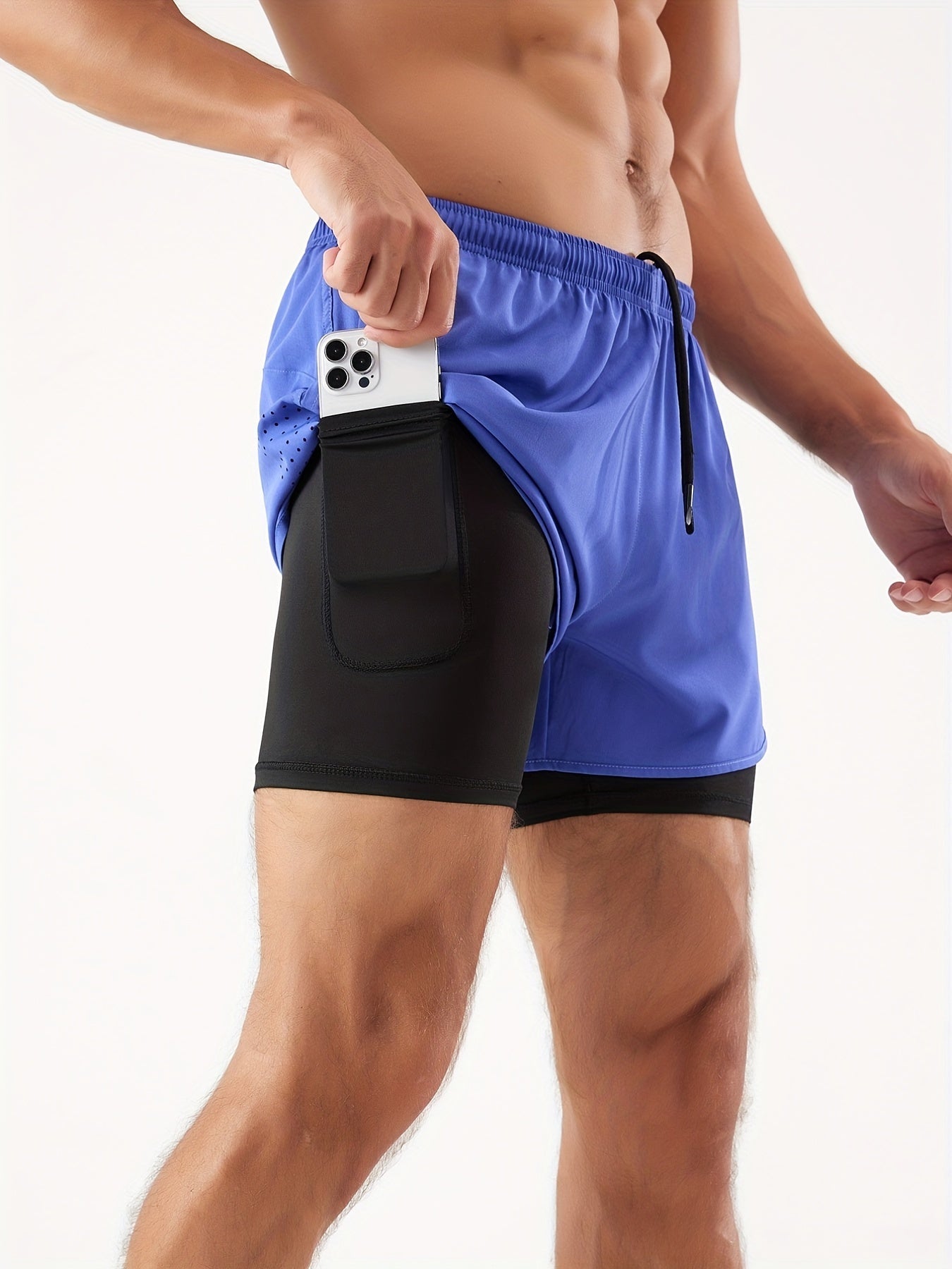 Men's 2 In 1 Running Shorts Quick Dry Gym Athletic Workout Shorts With Phone Pockets