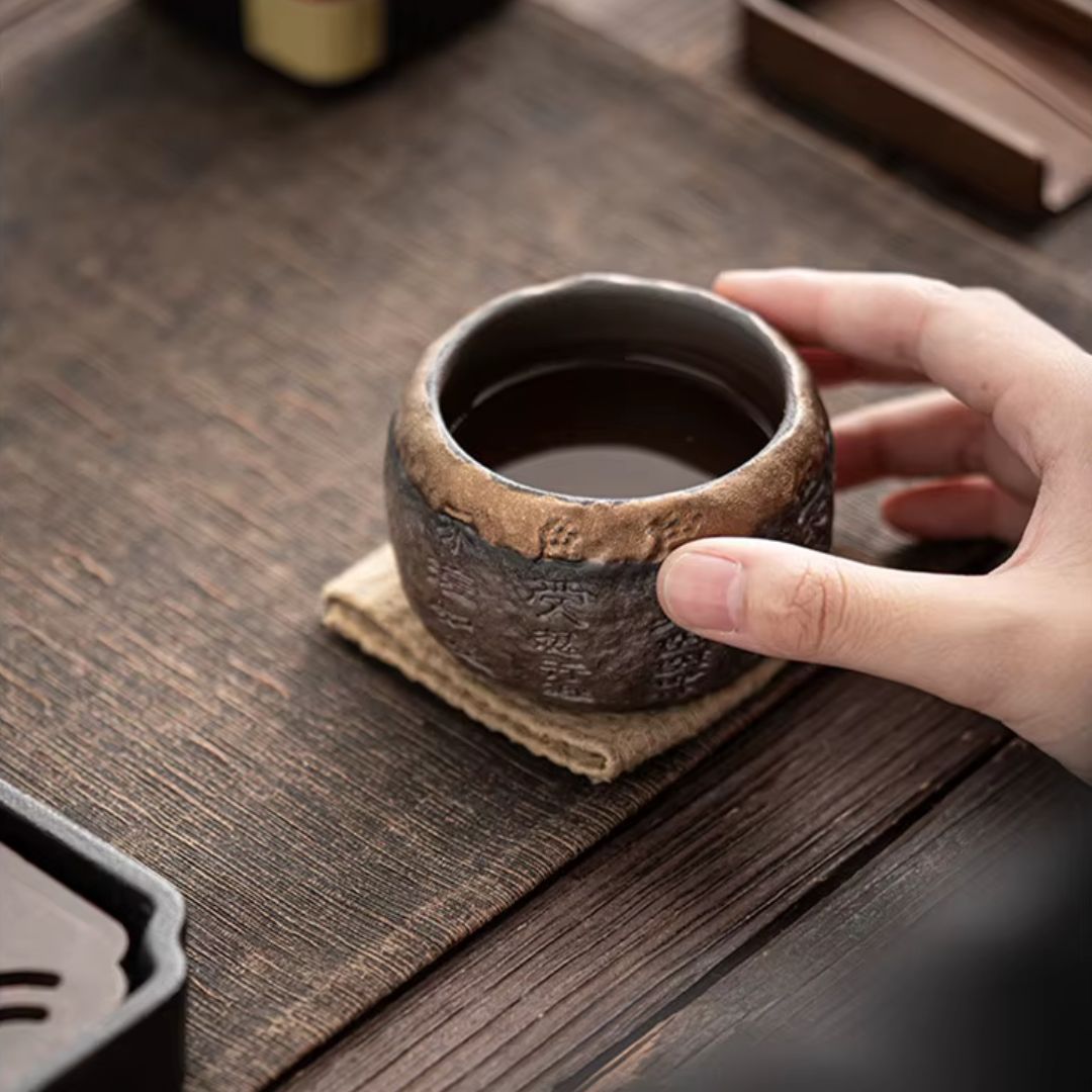 Rough Pottery Handmade Relief Heart Sutra Zen Cup