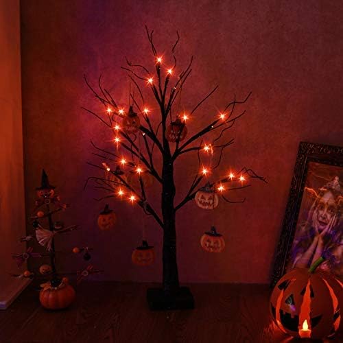 Small Black Glitter Halloween Tree with 24 Orange LED Lights 60cm