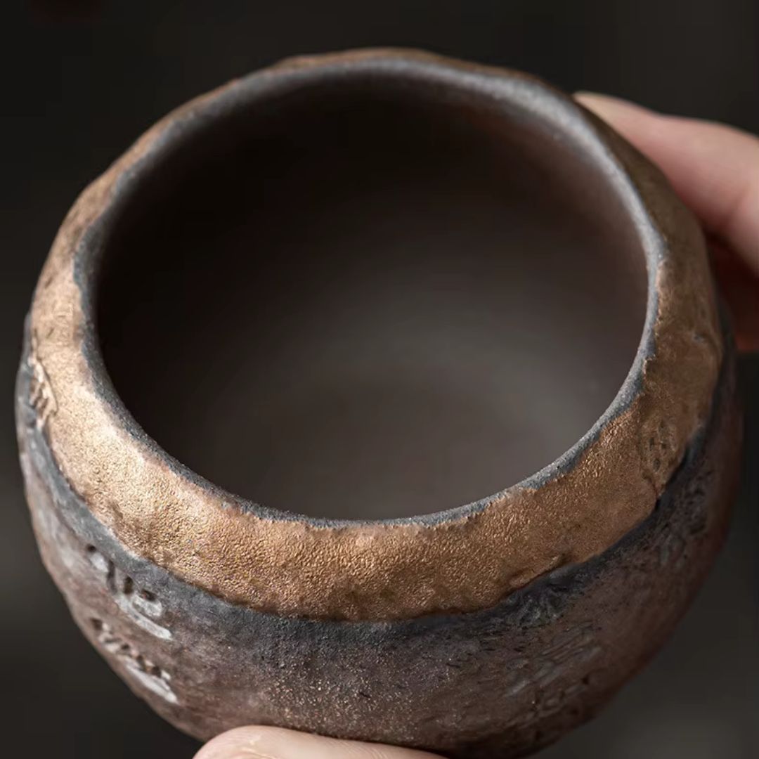 Rough Pottery Handmade Relief Heart Sutra Zen Cup