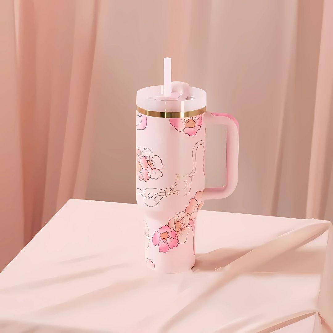 Floral Pattern Insulated Tumbler With Handle And Straw