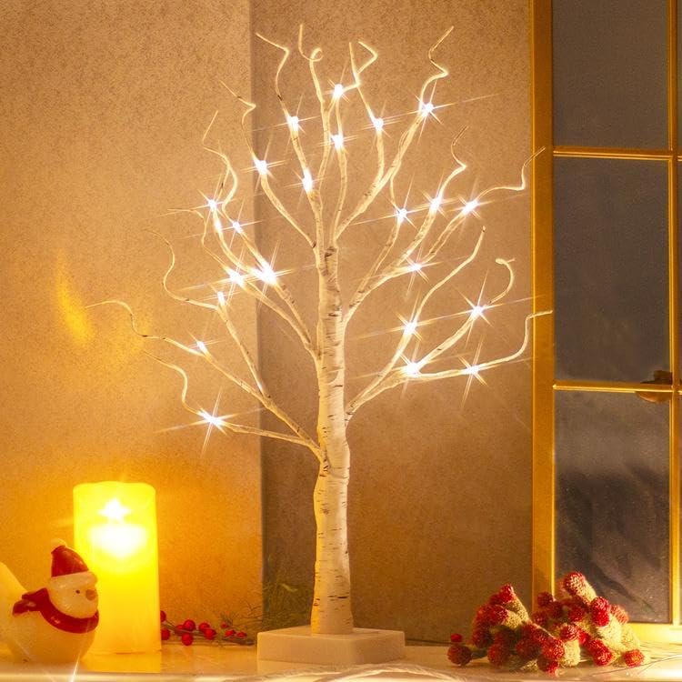 White Christmas Tree with Lights Mini Birch Twig Tabletop Decoration 60cm
