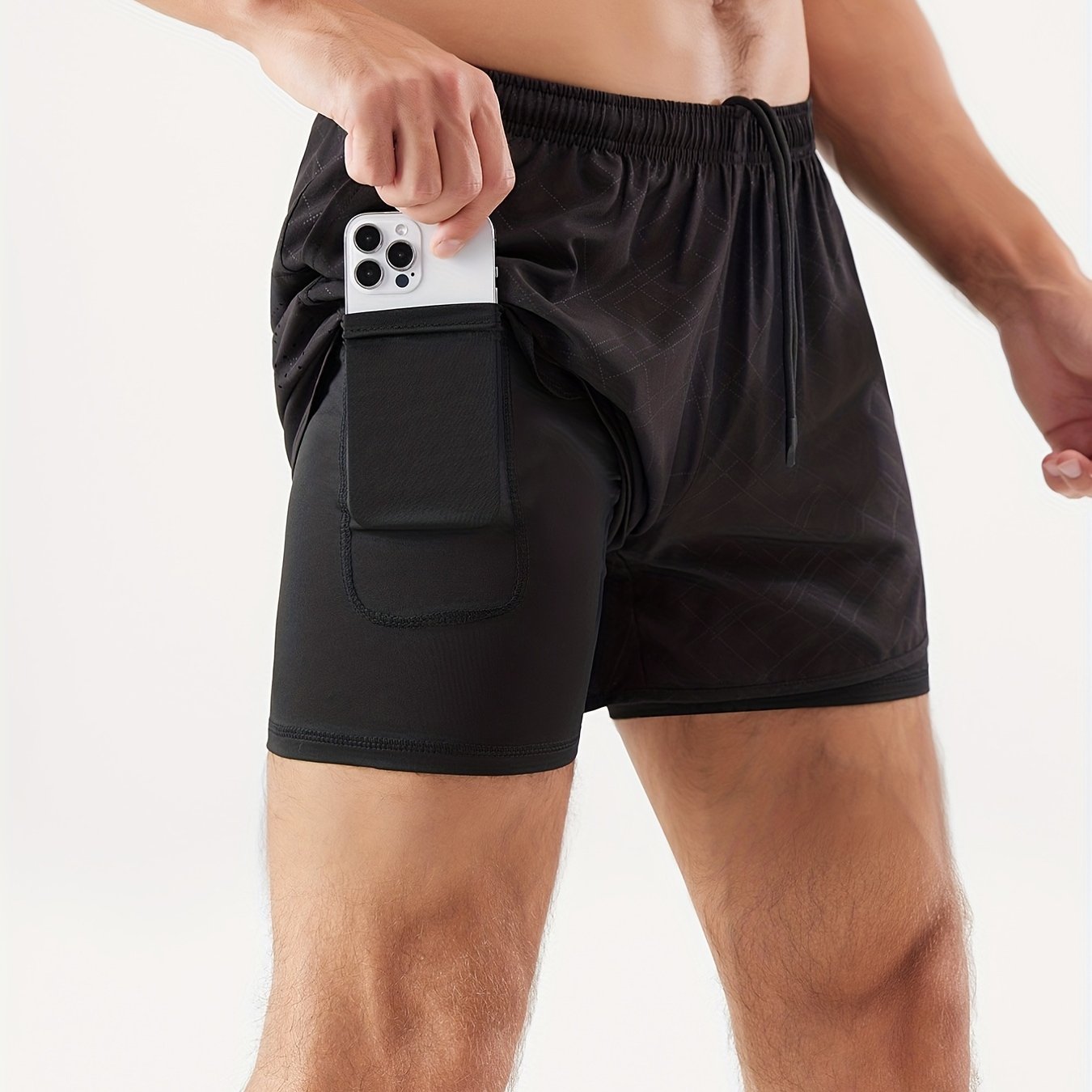 Men's 2 In 1 Running Shorts Quick Dry Gym Athletic Workout Shorts With Phone Pockets