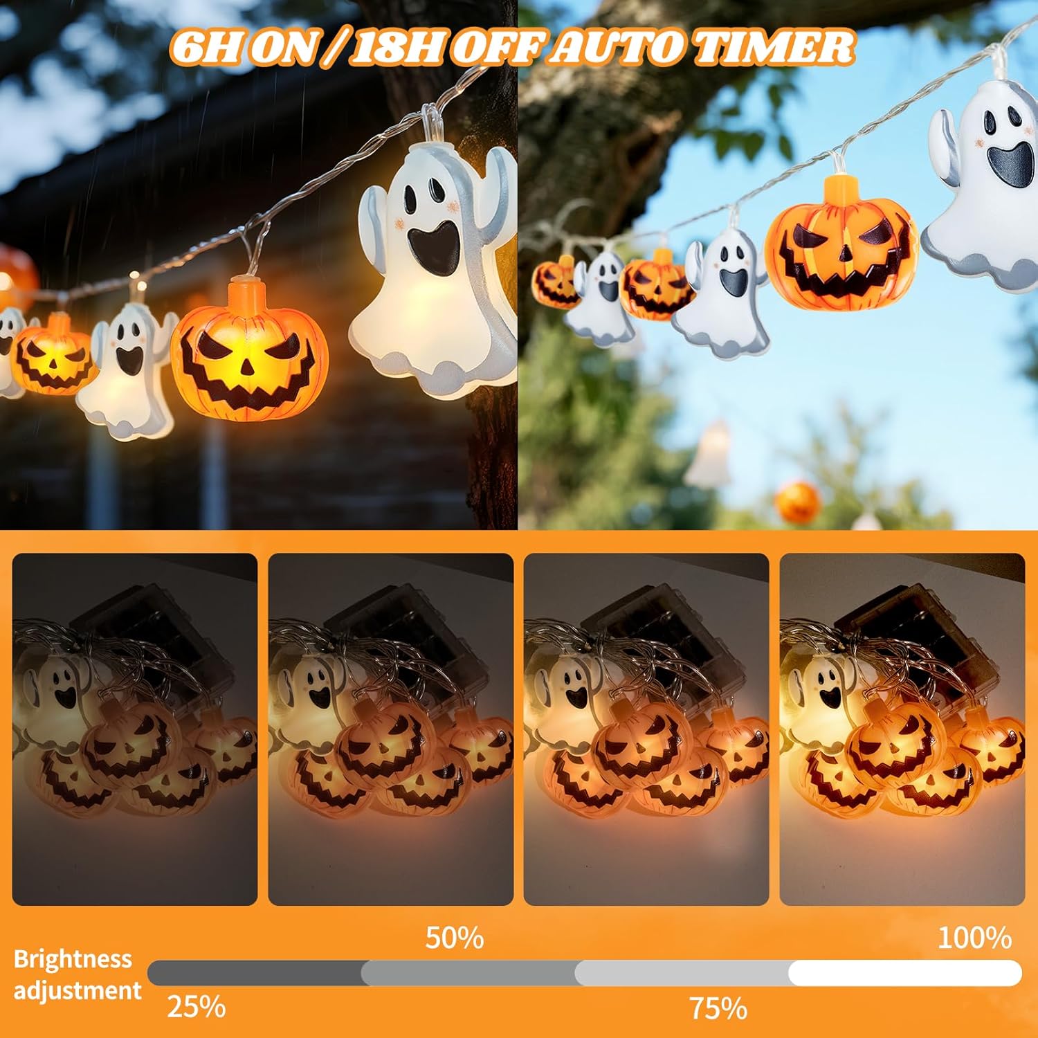 Halloween Pumpkin & Ghost String Lights Outdoor with Remote & Timer