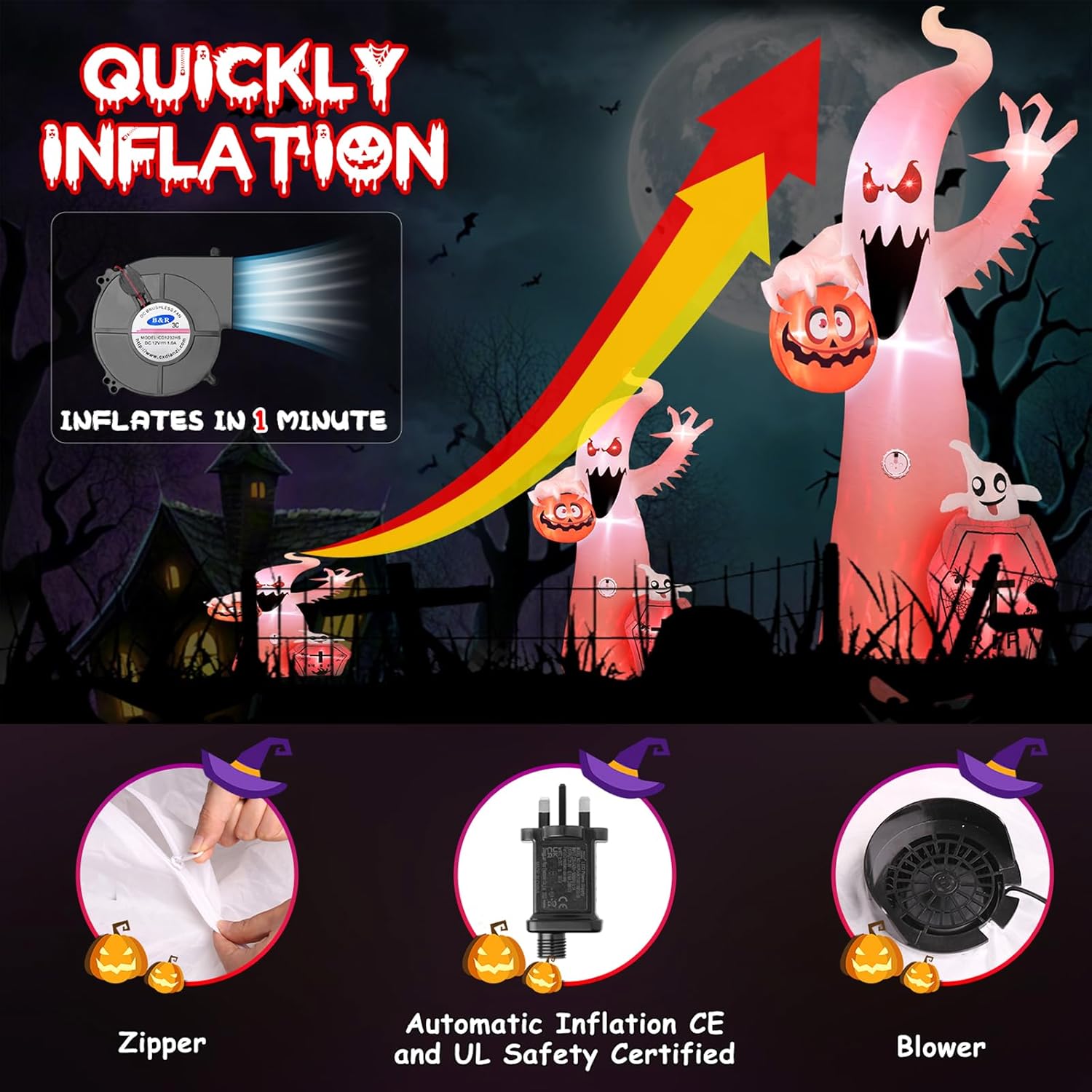 12FT Halloween Inflatable Ghost with RGB Lights & Scary Sound Outdoor