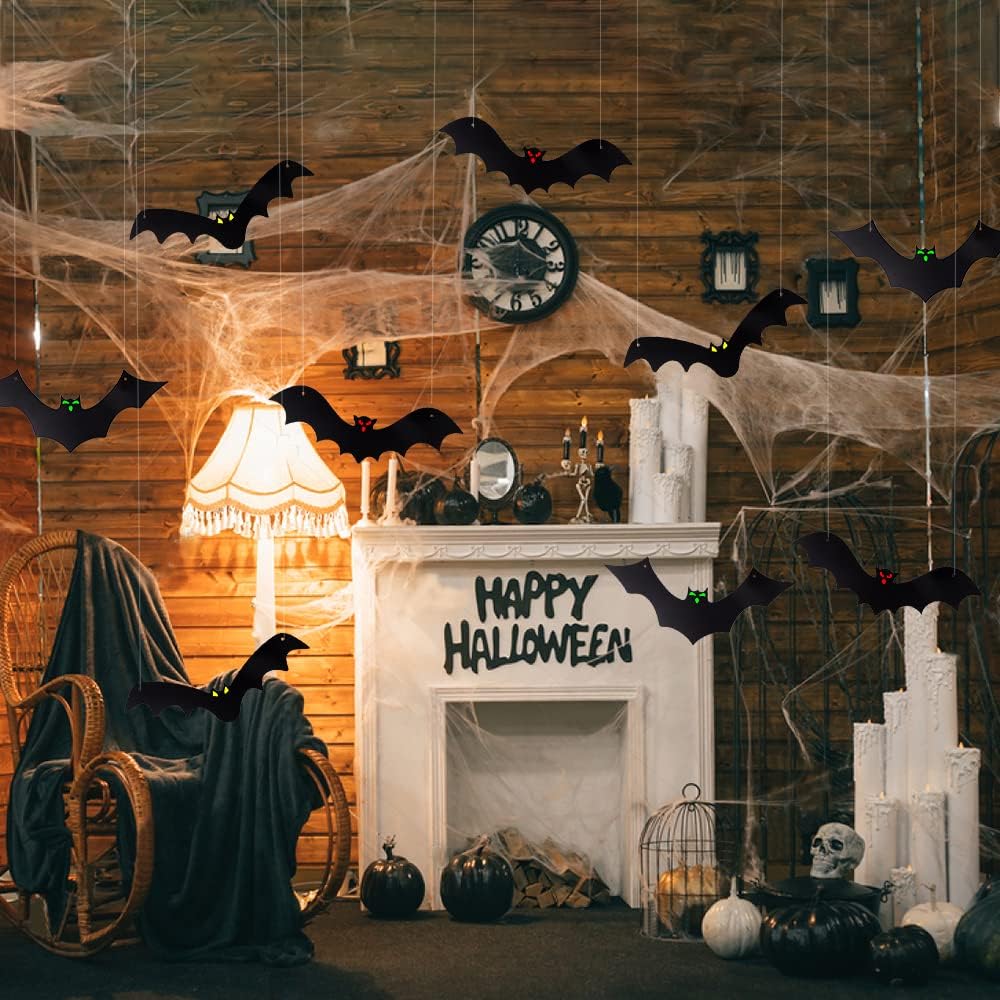 12PCS Halloween Hanging Bats with Glowing Eyes Outdoor Yard Decor