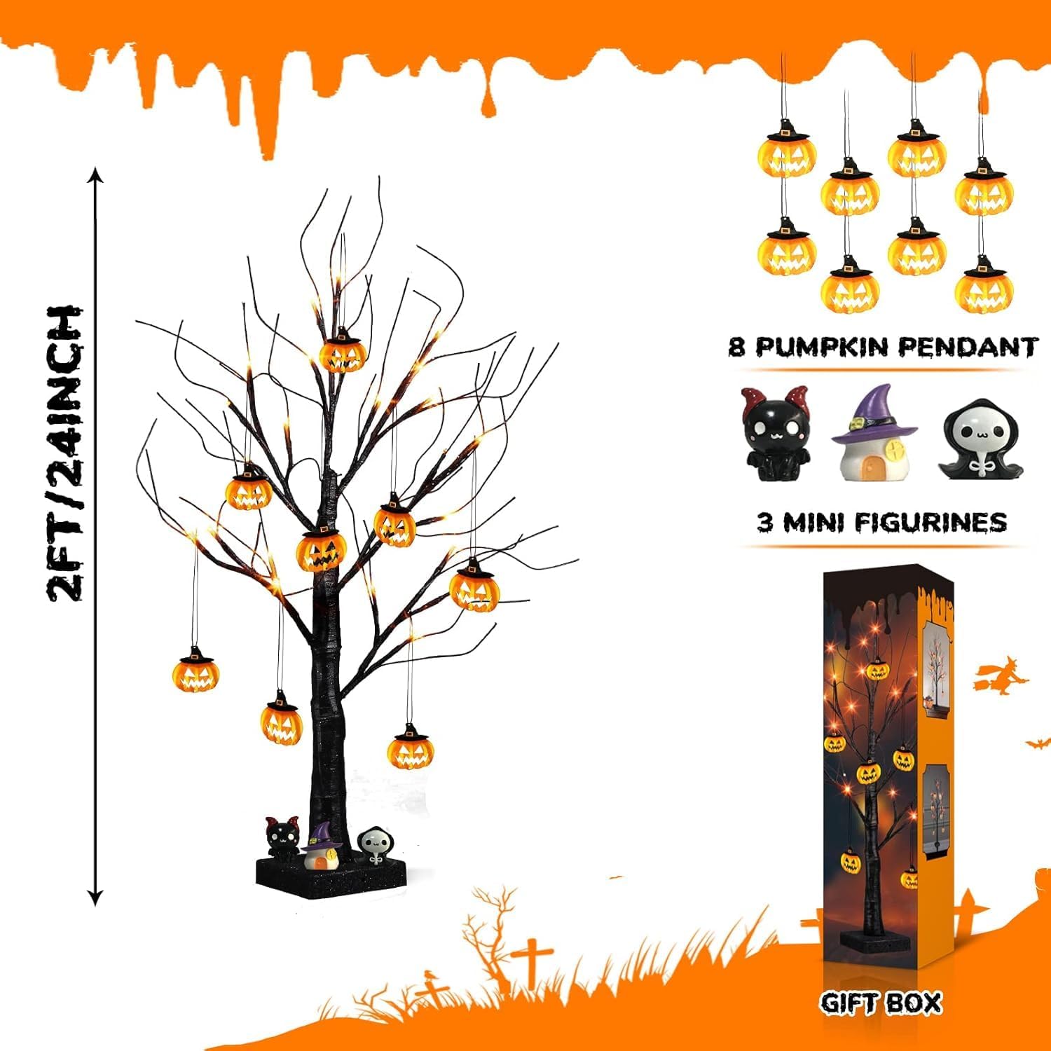 Small Black Glitter Halloween Tree with 24 Orange LED Lights 60cm
