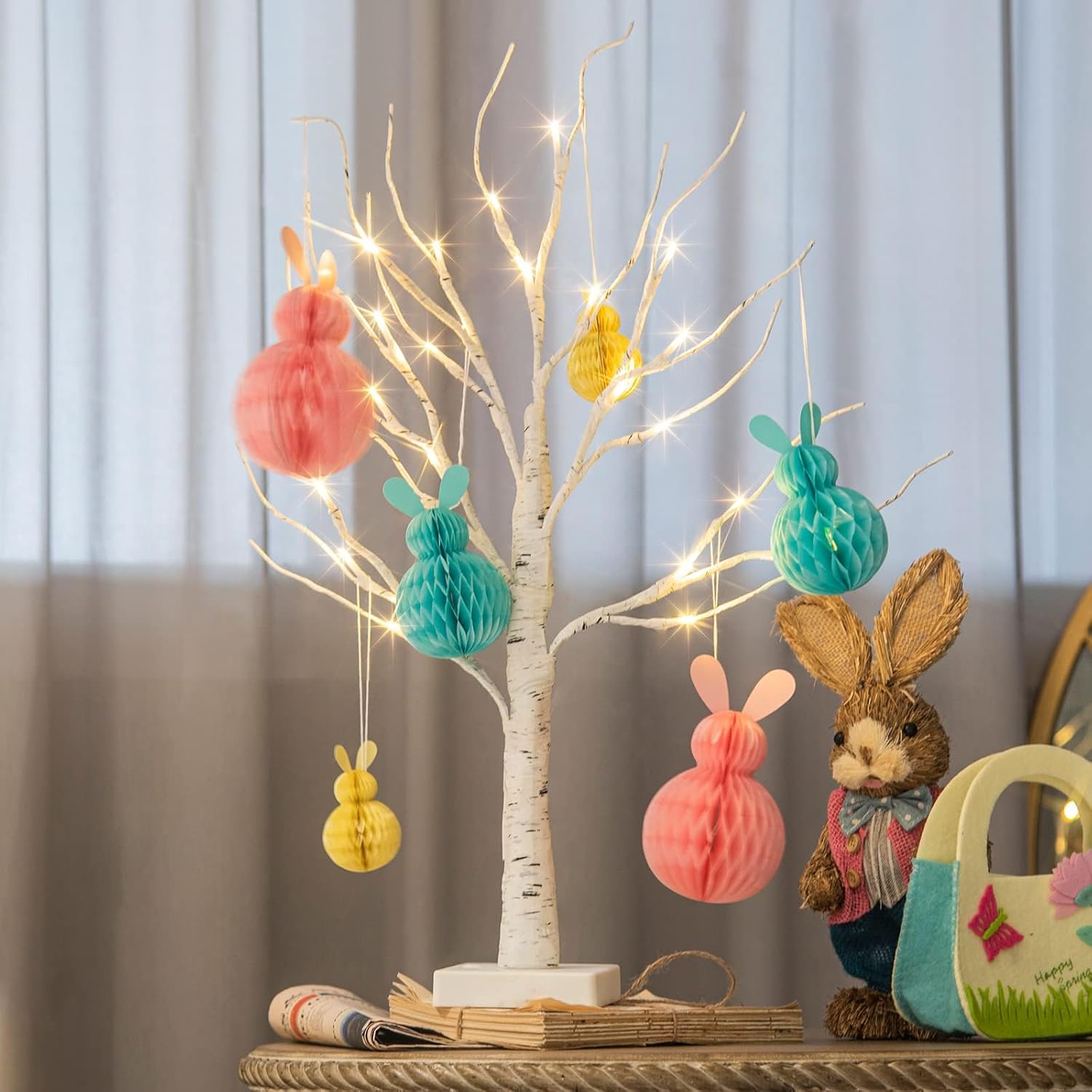 White Christmas Tree with Lights Mini Birch Twig Tabletop Decoration 60cm