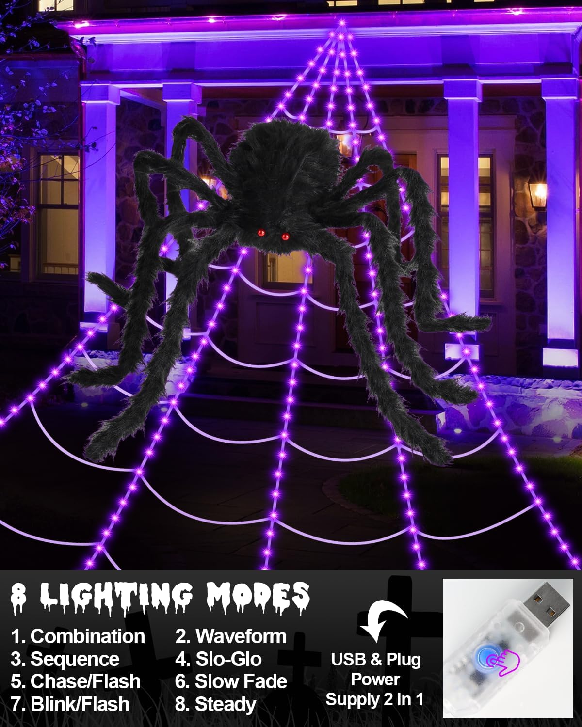 Spider Web Lights Halloween Outdoor 250 LED with Giant 48" Spider
