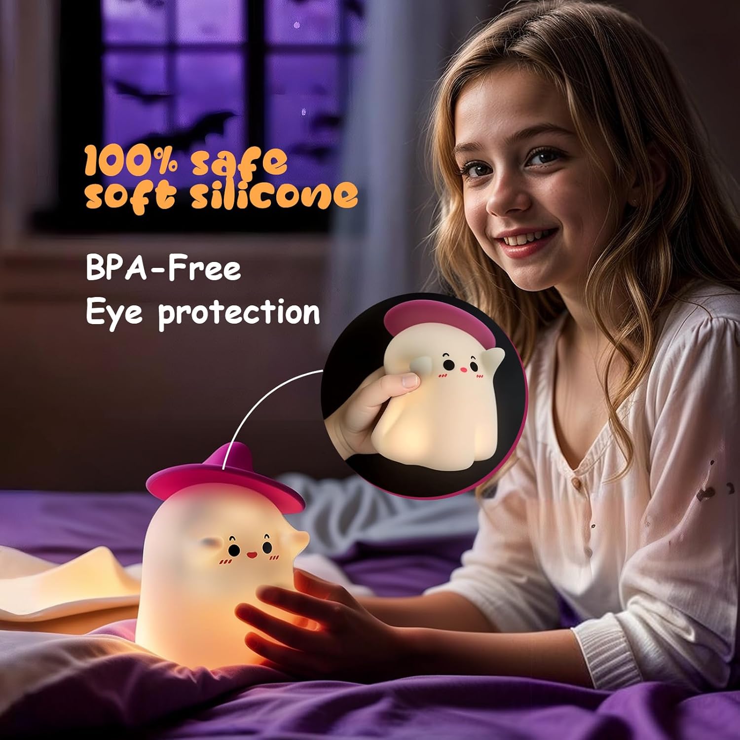 Kids Baby Night Light Rechargeable 7 Colors Ghost Lamp with Timer