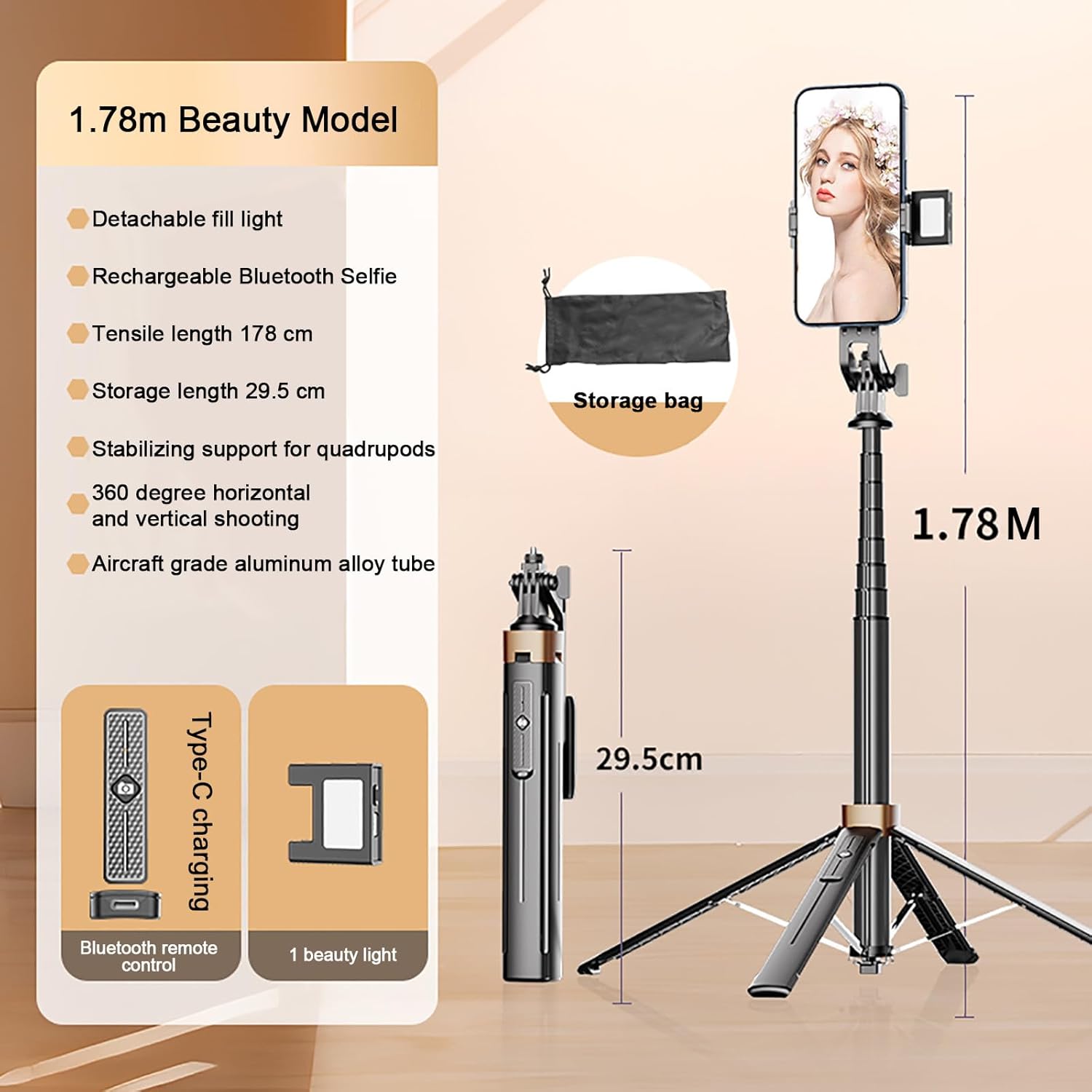 70" Foldable Bluetooth Quad-Pod Selfie Stand