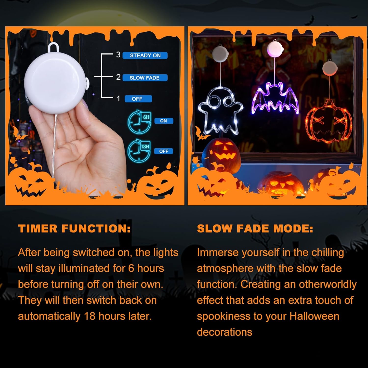 Halloween Window Lights 3 Pack Pumpkin Ghost Bat LED Decorations