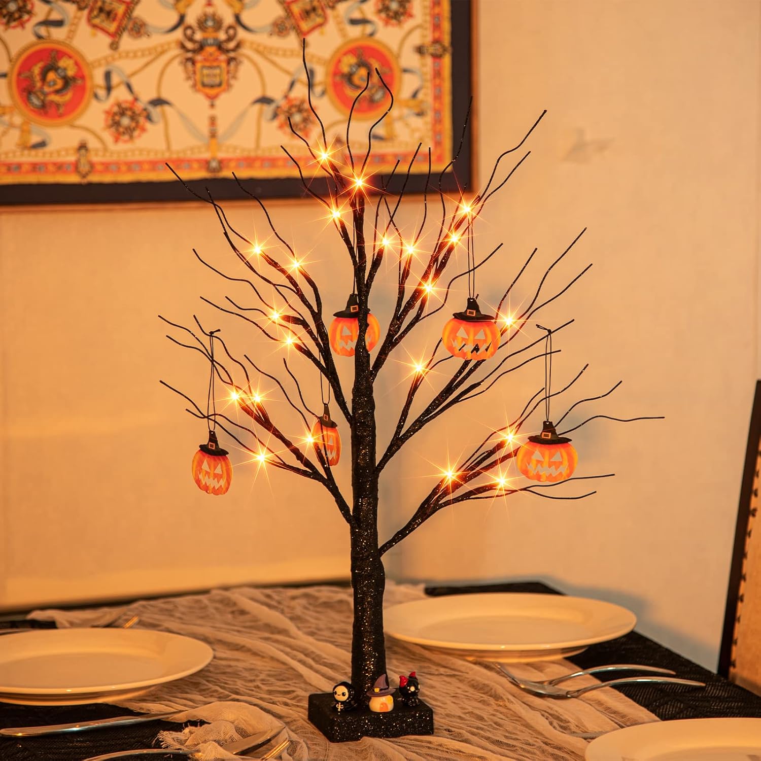Small Black Glitter Halloween Tree with 24 Orange LED Lights 60cm