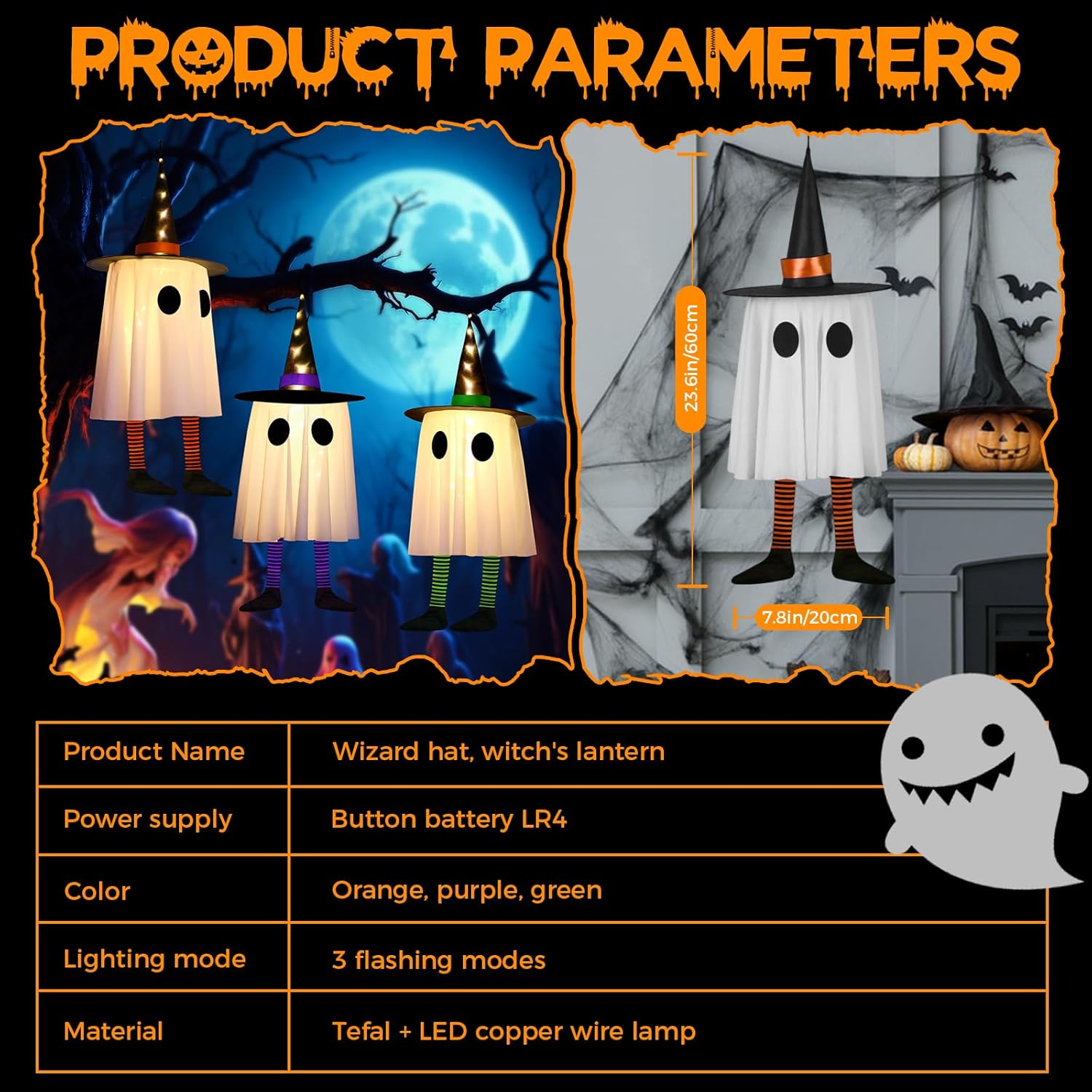 Halloween Witcher Hat Hanging Ghost Lights 3 Pack Outdoor Indoor Decor