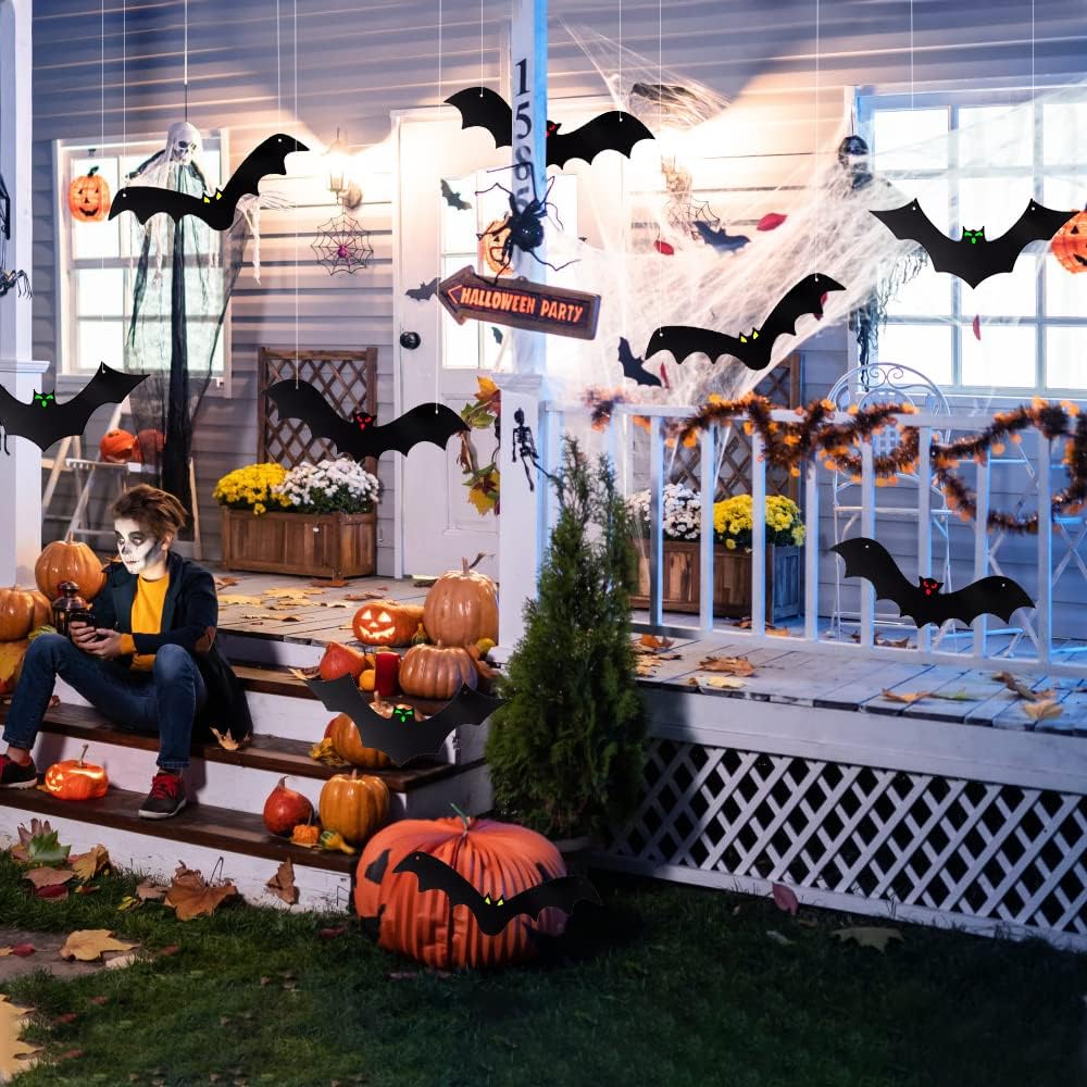 12PCS Halloween Hanging Bats with Glowing Eyes Outdoor Yard Decor