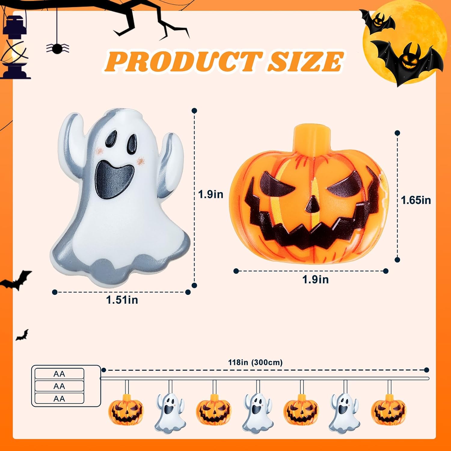 Halloween Pumpkin & Ghost String Lights Outdoor with Remote & Timer