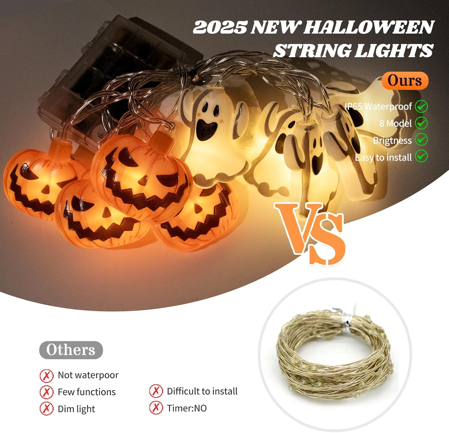 Halloween Pumpkin & Ghost String Lights Outdoor with Remote & Timer