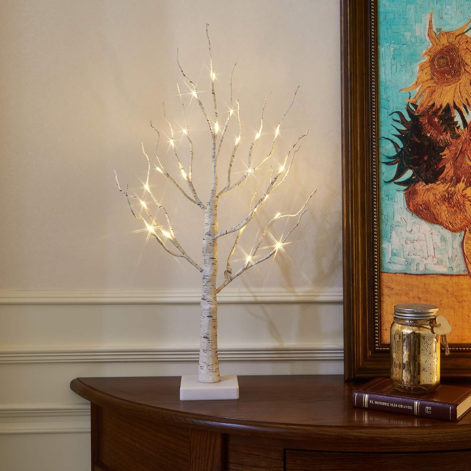 White Christmas Tree with Lights Mini Birch Twig Tabletop Decoration 60cm