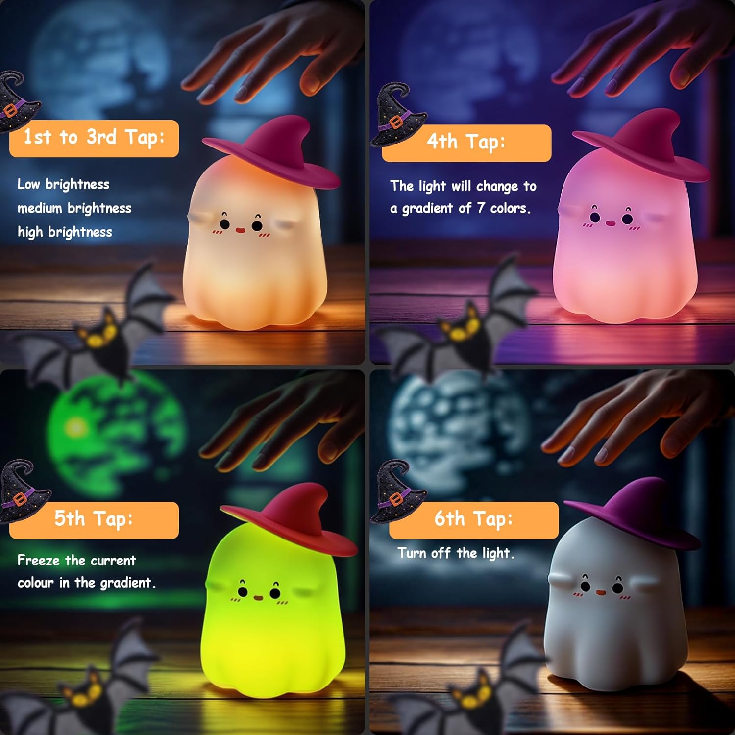 Kids Baby Night Light Rechargeable 7 Colors Ghost Lamp with Timer