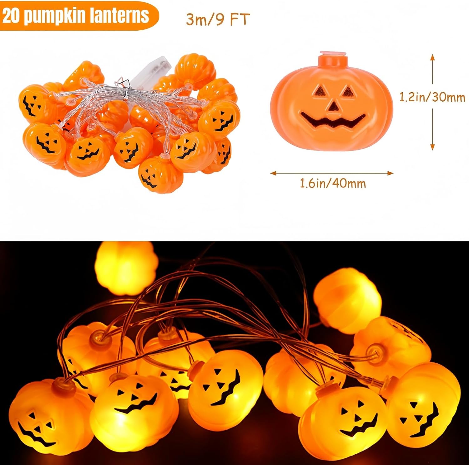 Halloween Pumpkin String Lights 9.8Ft 20 LED Battery Powered Indoor Outdoor Decor