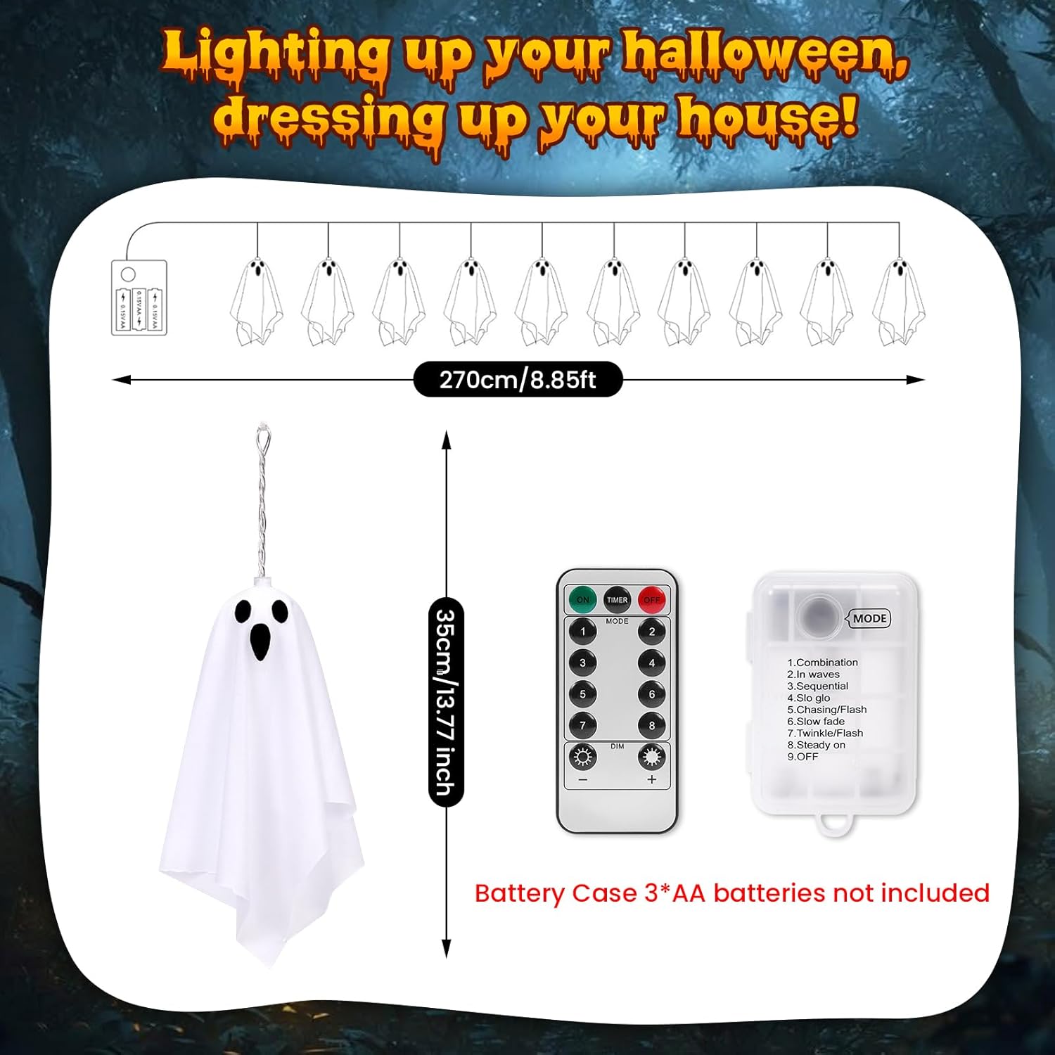 10pcs Halloween Ghost String Lights Outdoor Indoor Battery Operated