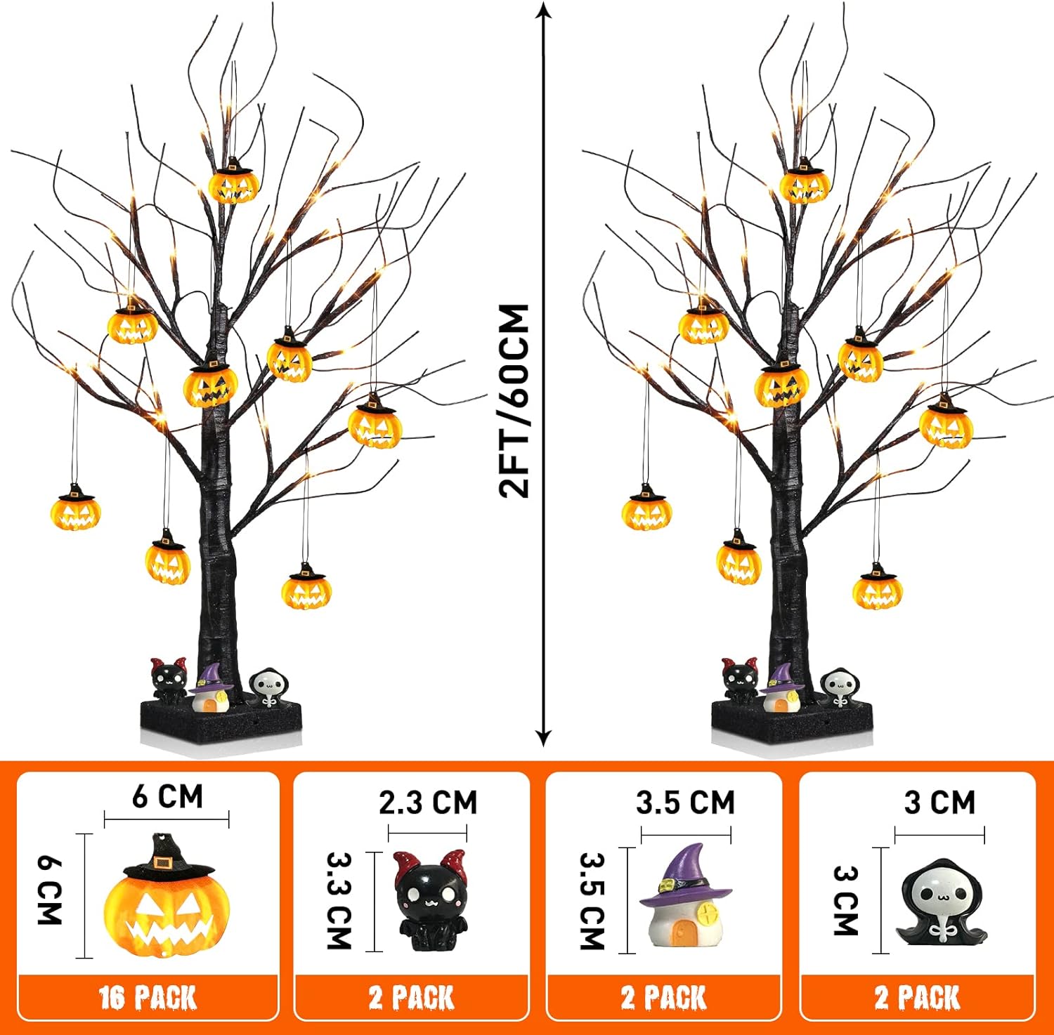 Halloween Tree Lights with Pumpkins, 2FT Black Twig LED Trees Set of 2