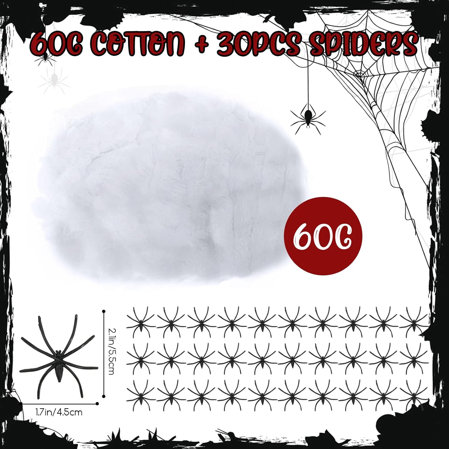 60g Halloween Spider Web Decoration with 30 Fake Spiders for Indoor Outdoor
