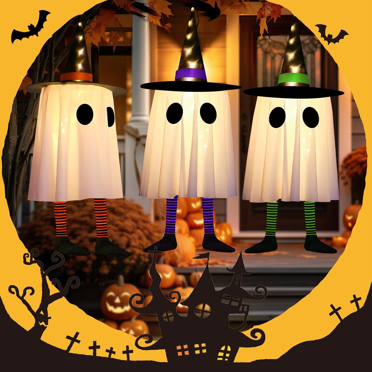 Halloween Witcher Hat Hanging Ghost Lights 3 Pack Outdoor Indoor Decor