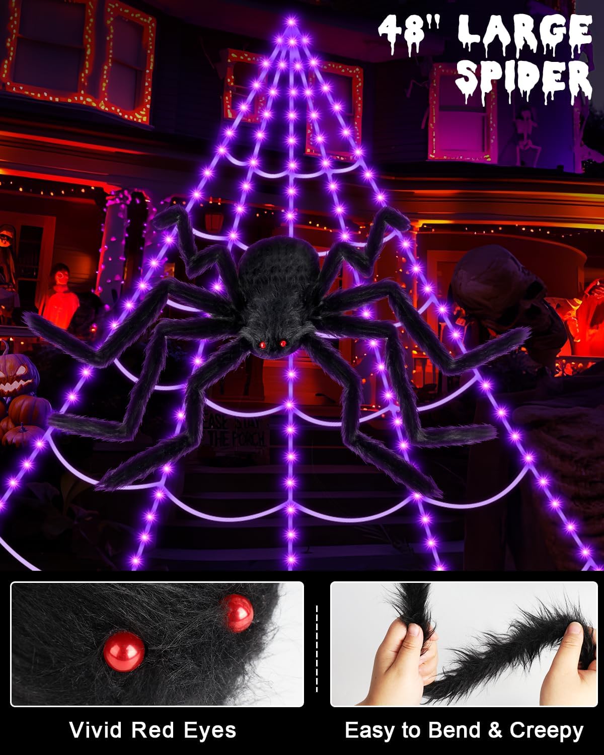 Spider Web Lights Halloween Outdoor 250 LED with Giant 48" Spider