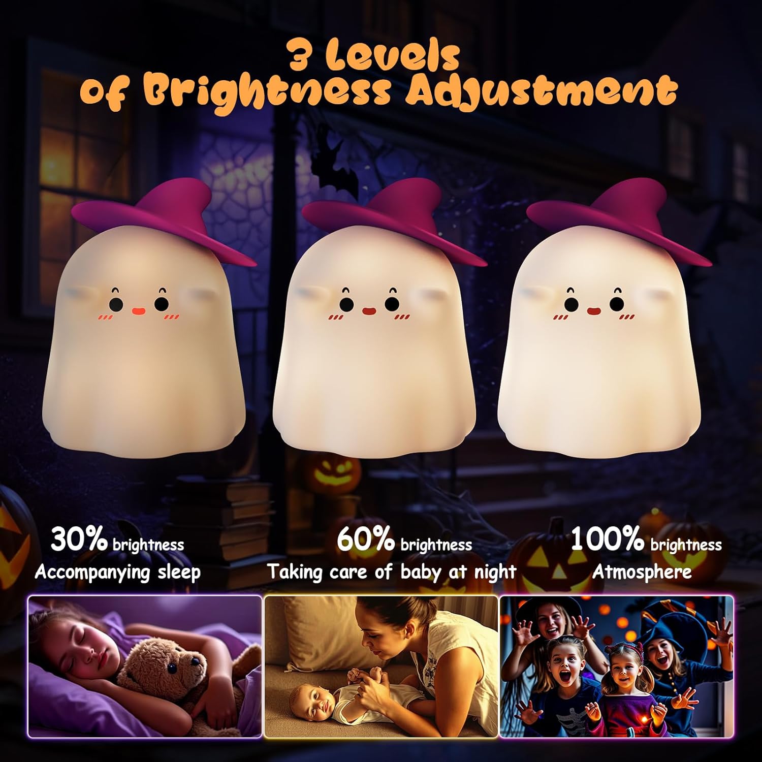 Kids Baby Night Light Rechargeable 7 Colors Ghost Lamp with Timer