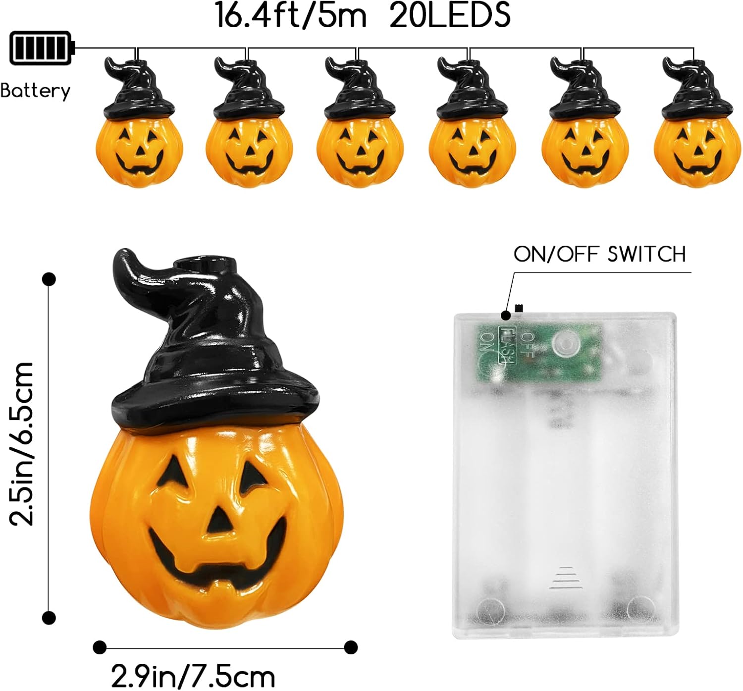Halloween Pumpkin String Lights 16.5ft 20 LED Battery Powered Decor