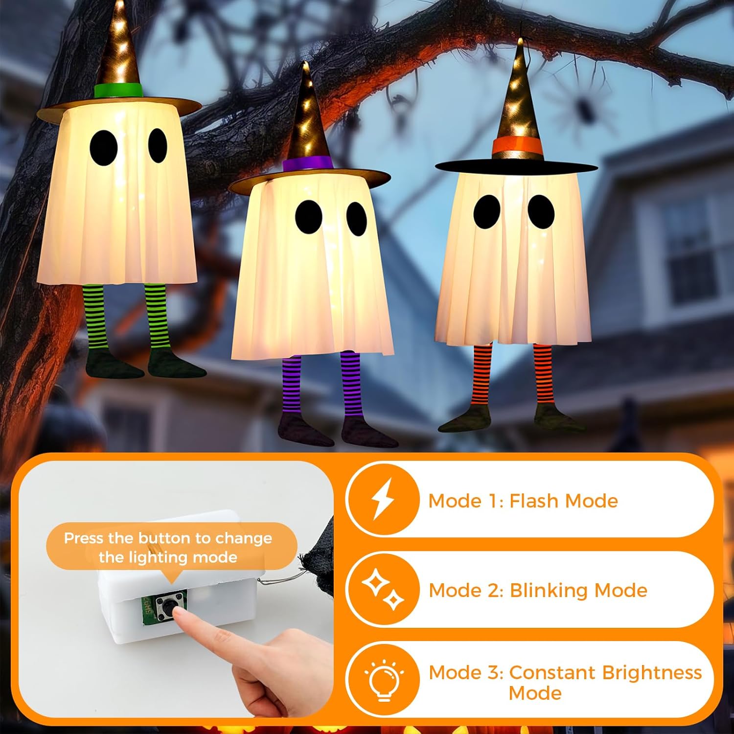 Halloween Witcher Hat Hanging Ghost Lights 3 Pack Outdoor Indoor Decor