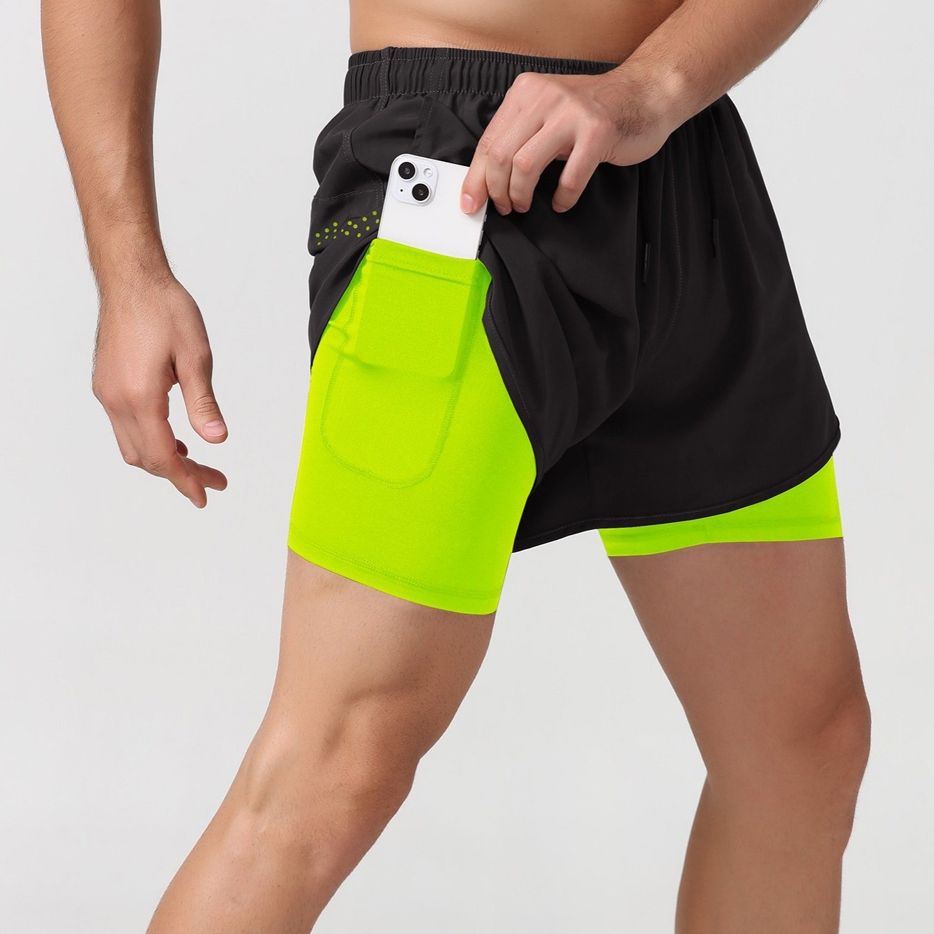 Men's 2 In 1 Running Shorts Quick Dry Gym Athletic Workout Shorts With Phone Pockets