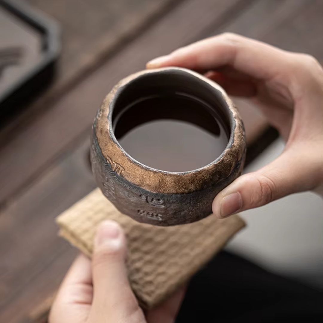 Rough Pottery Handmade Relief Heart Sutra Zen Cup