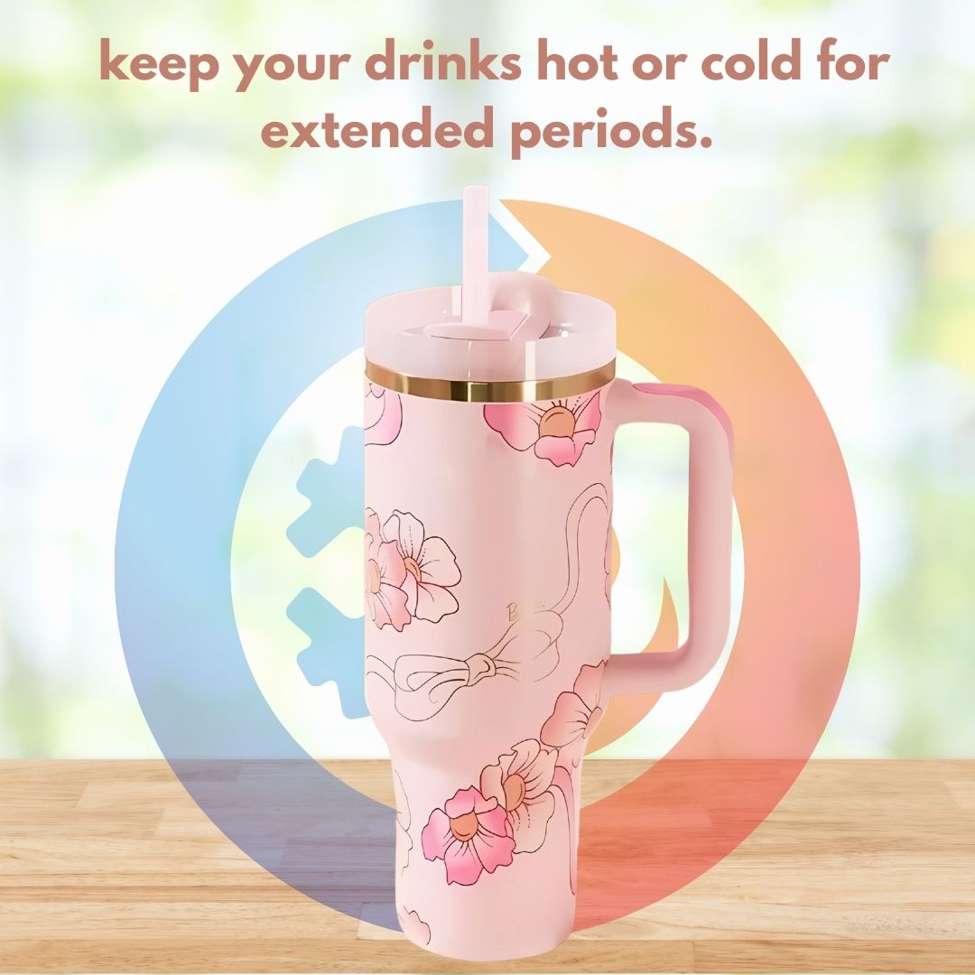 Floral Pattern Insulated Tumbler With Handle And Straw