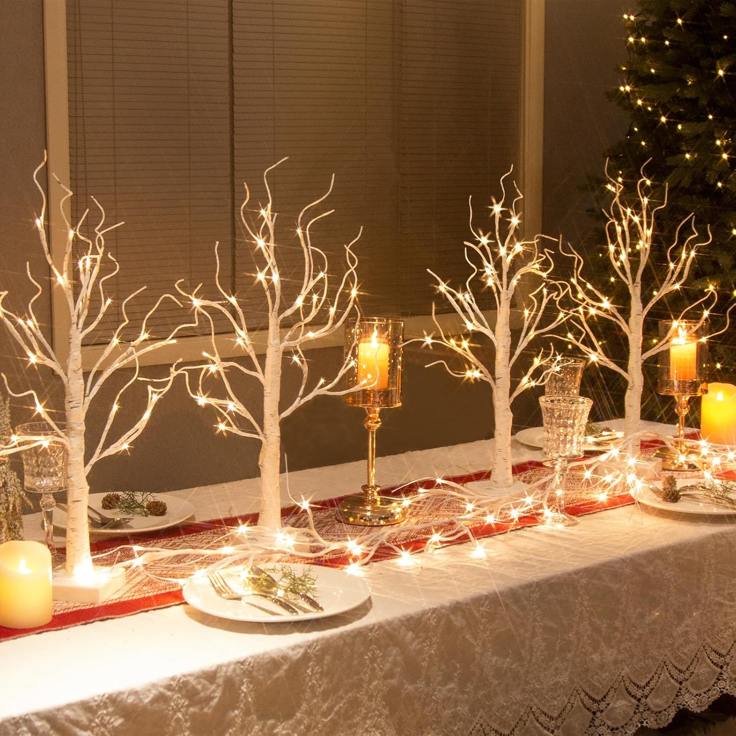 White Christmas Tree with Lights Mini Birch Twig Tabletop Decoration 60cm