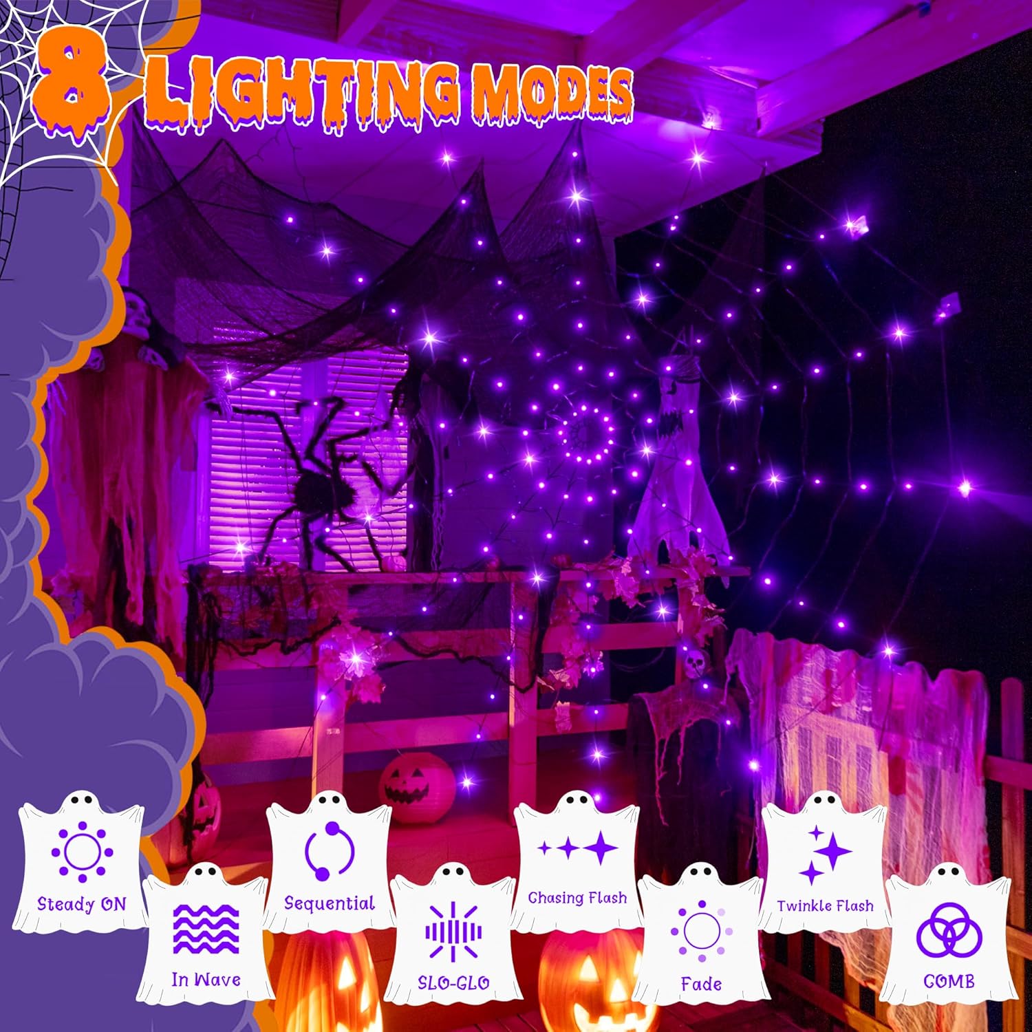 Halloween Spider Web Lights 2m 126 LED Purple Battery Operated