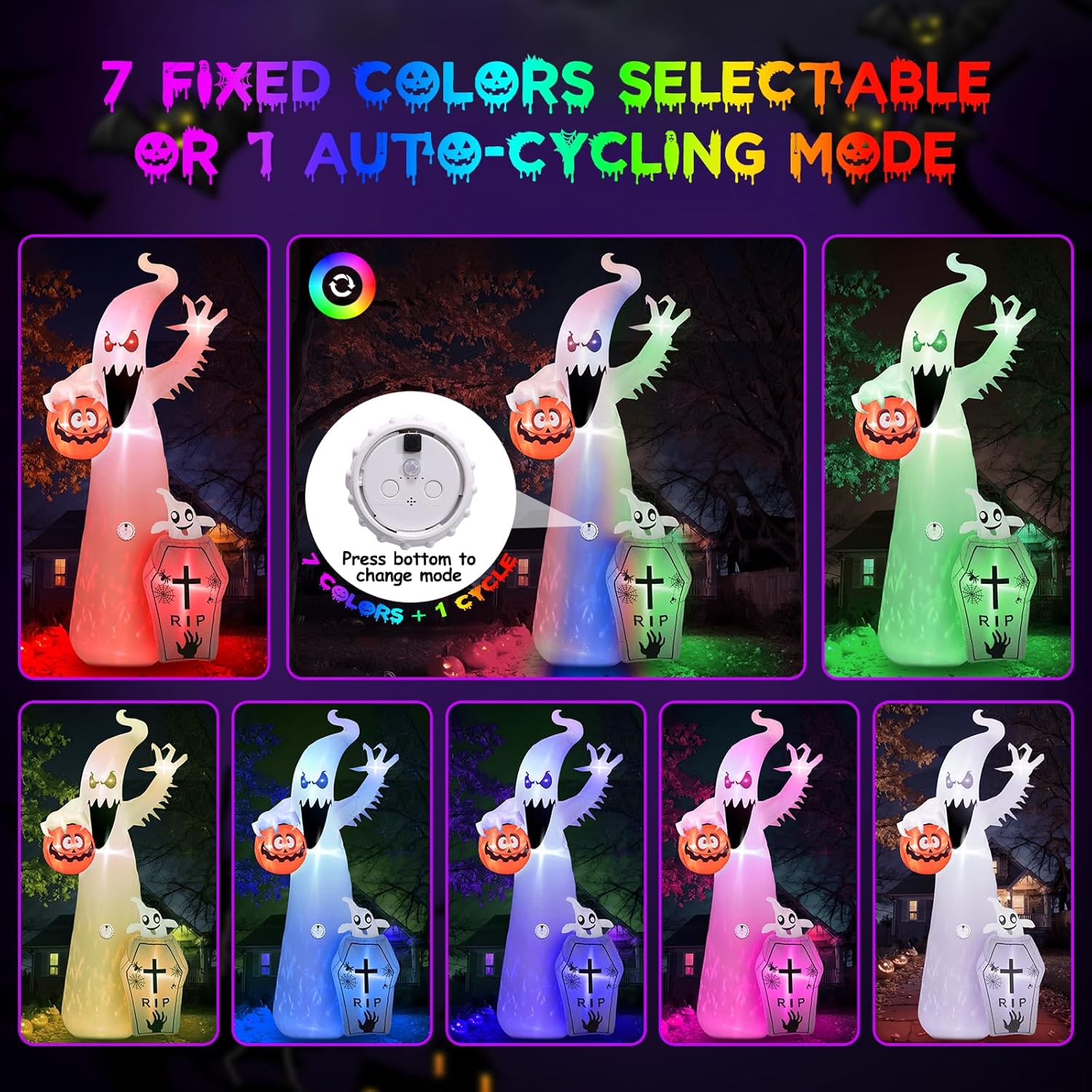 12FT Halloween Inflatable Ghost with RGB Lights & Scary Sound Outdoor