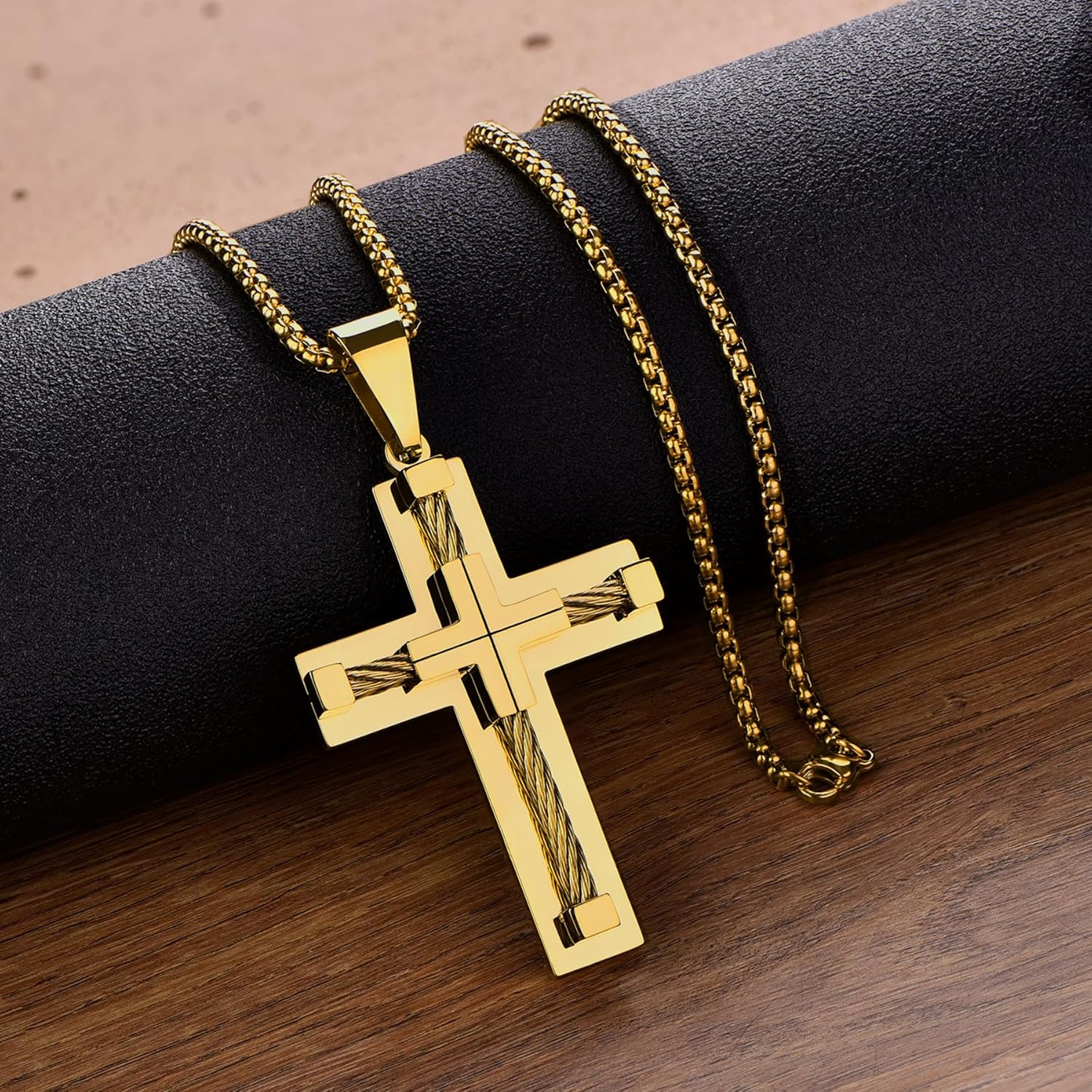Gold-Plated Twisted Rope Cross Pendant Necklace