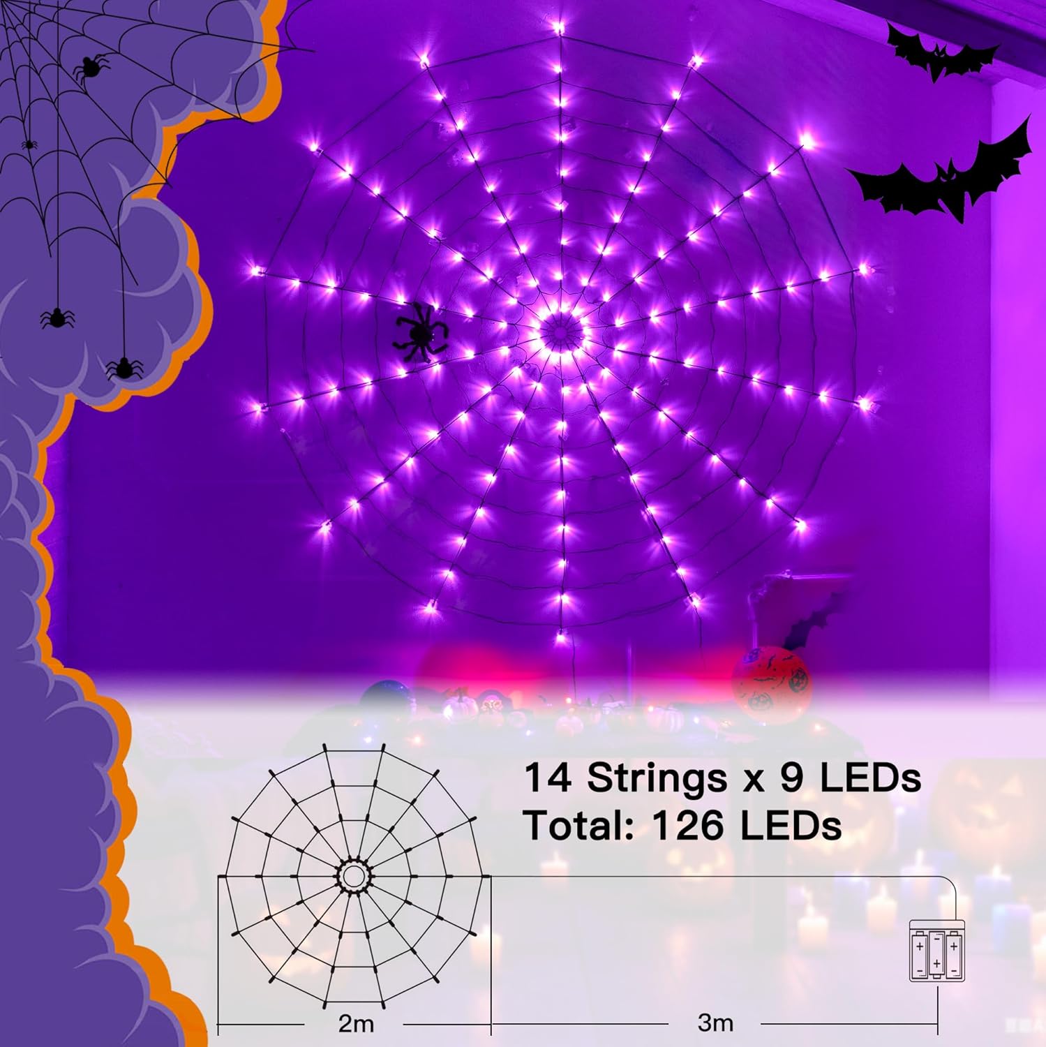 Halloween Spider Web Lights 2m 126 LED Purple Battery Operated